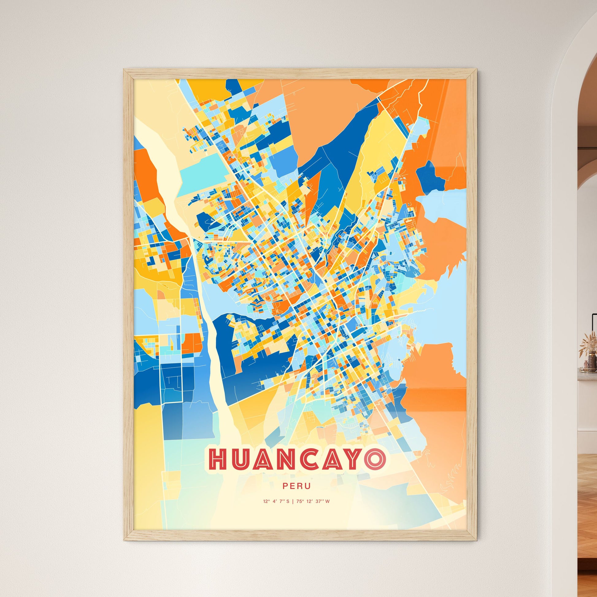 Colorful HUANCAYO PERU Fine Art Map Blue Orange