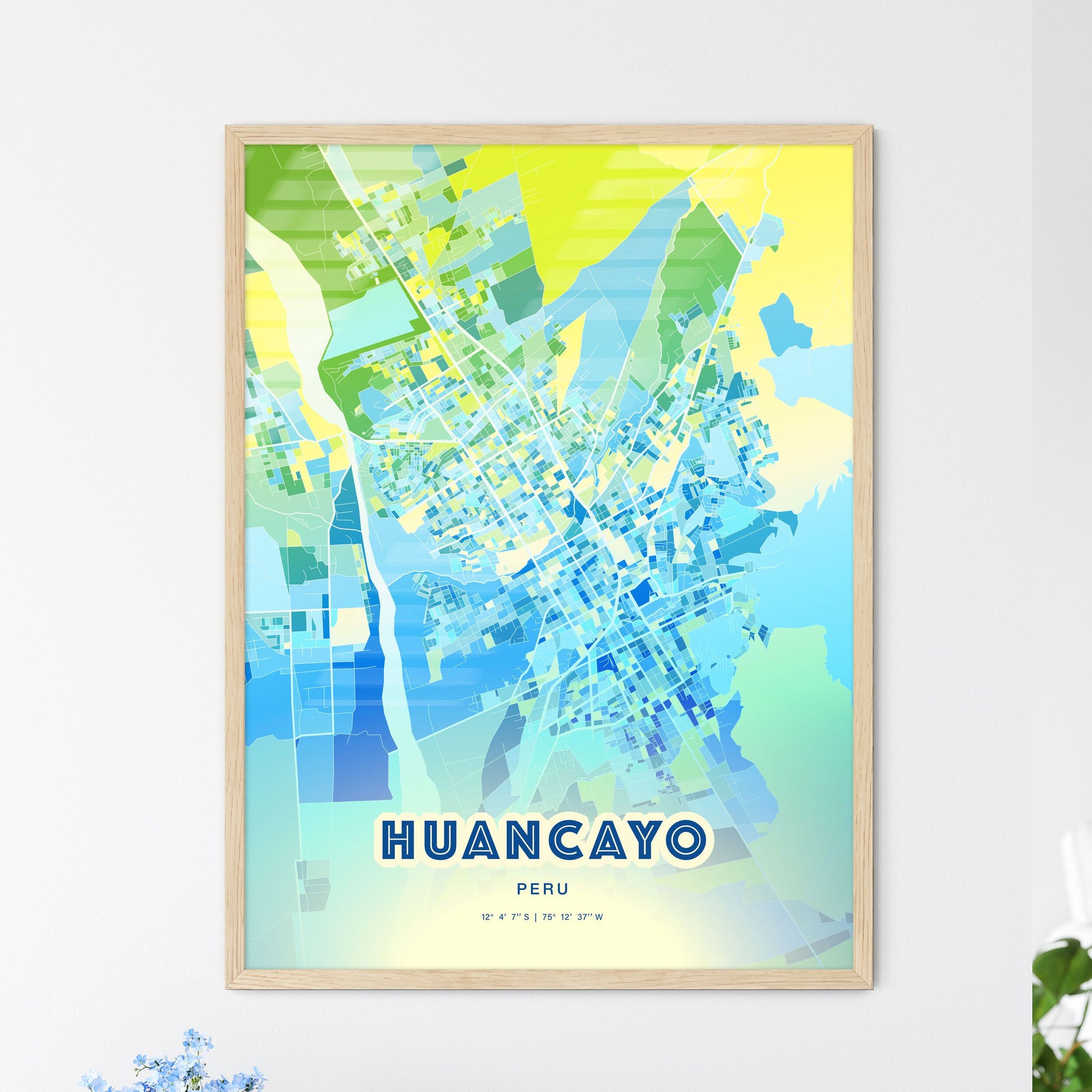 Colorful HUANCAYO PERU Fine Art Map Cool Blue