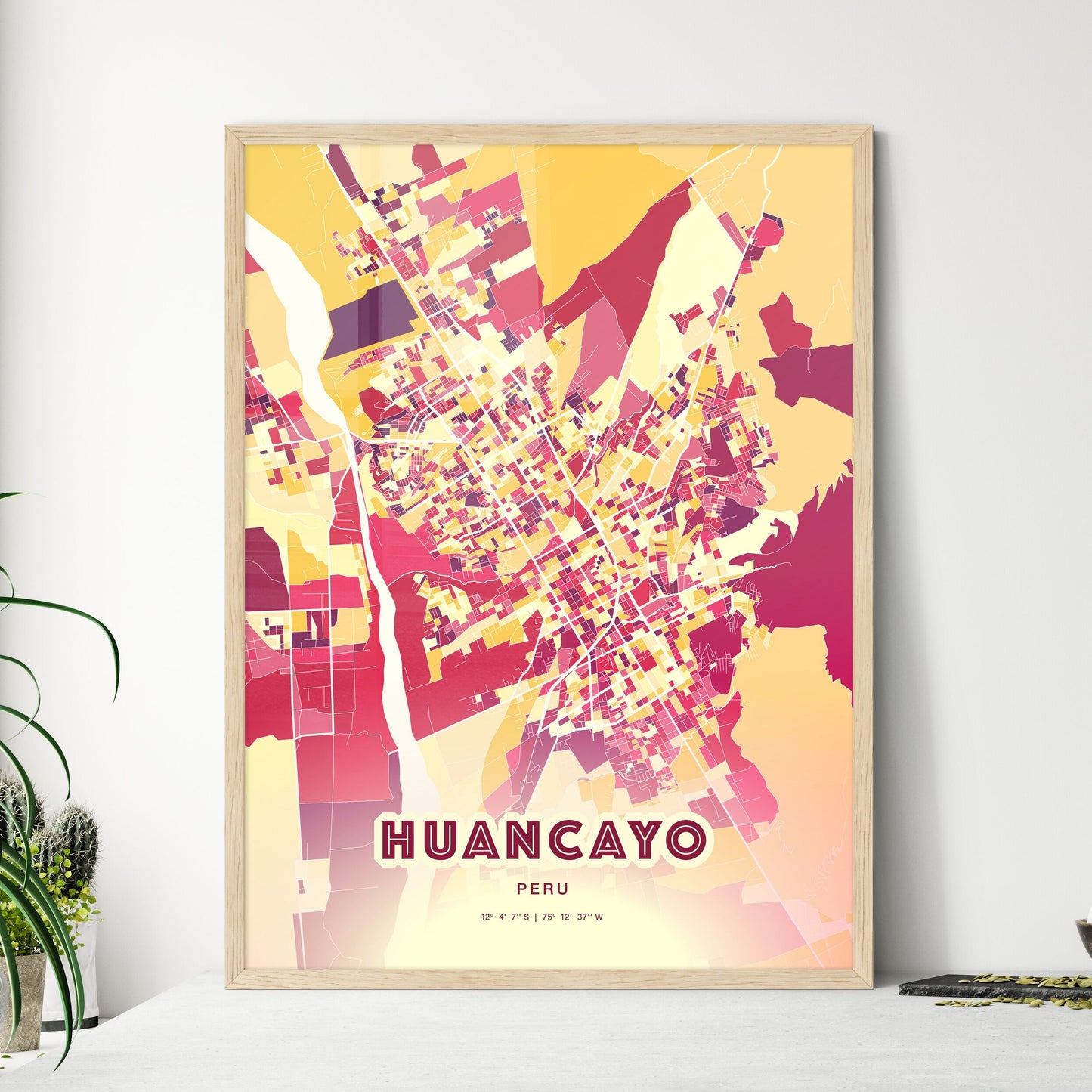 Colorful HUANCAYO PERU Fine Art Map Hot Red