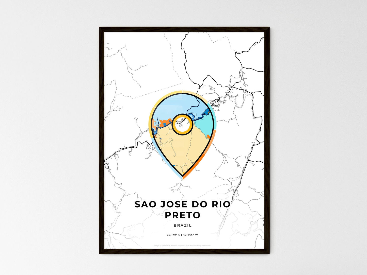 Sao Jose Do Rio Preto Brazil wedding art map with pointer icon