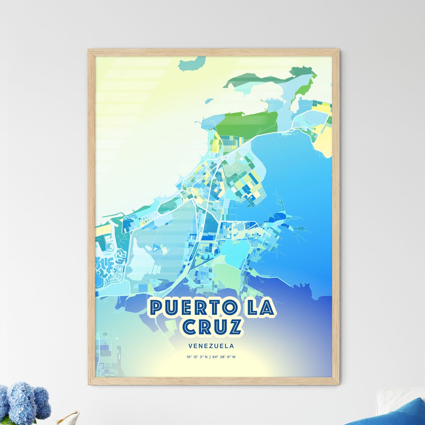 Colorful PUERTO LA CRUZ VENEZUELA Fine Art Map Cool Blue