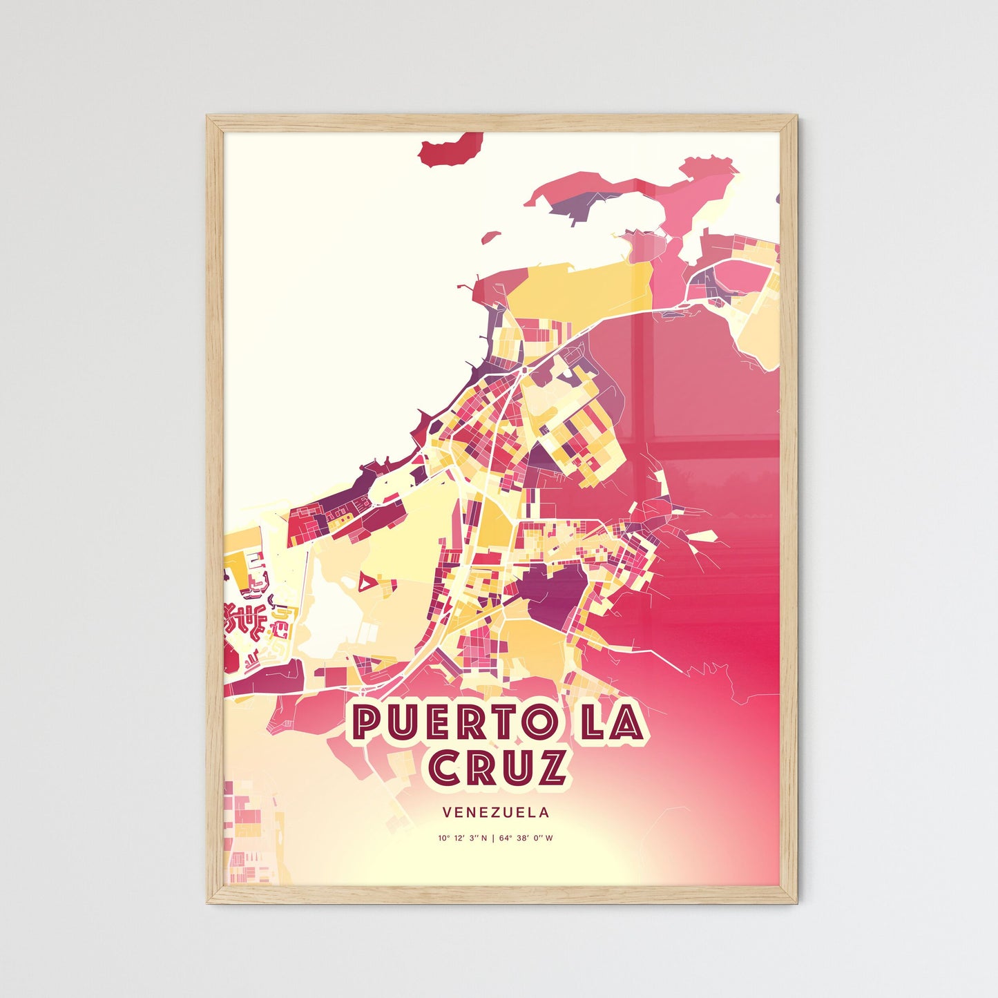 Colorful PUERTO LA CRUZ VENEZUELA Fine Art Map Hot Red