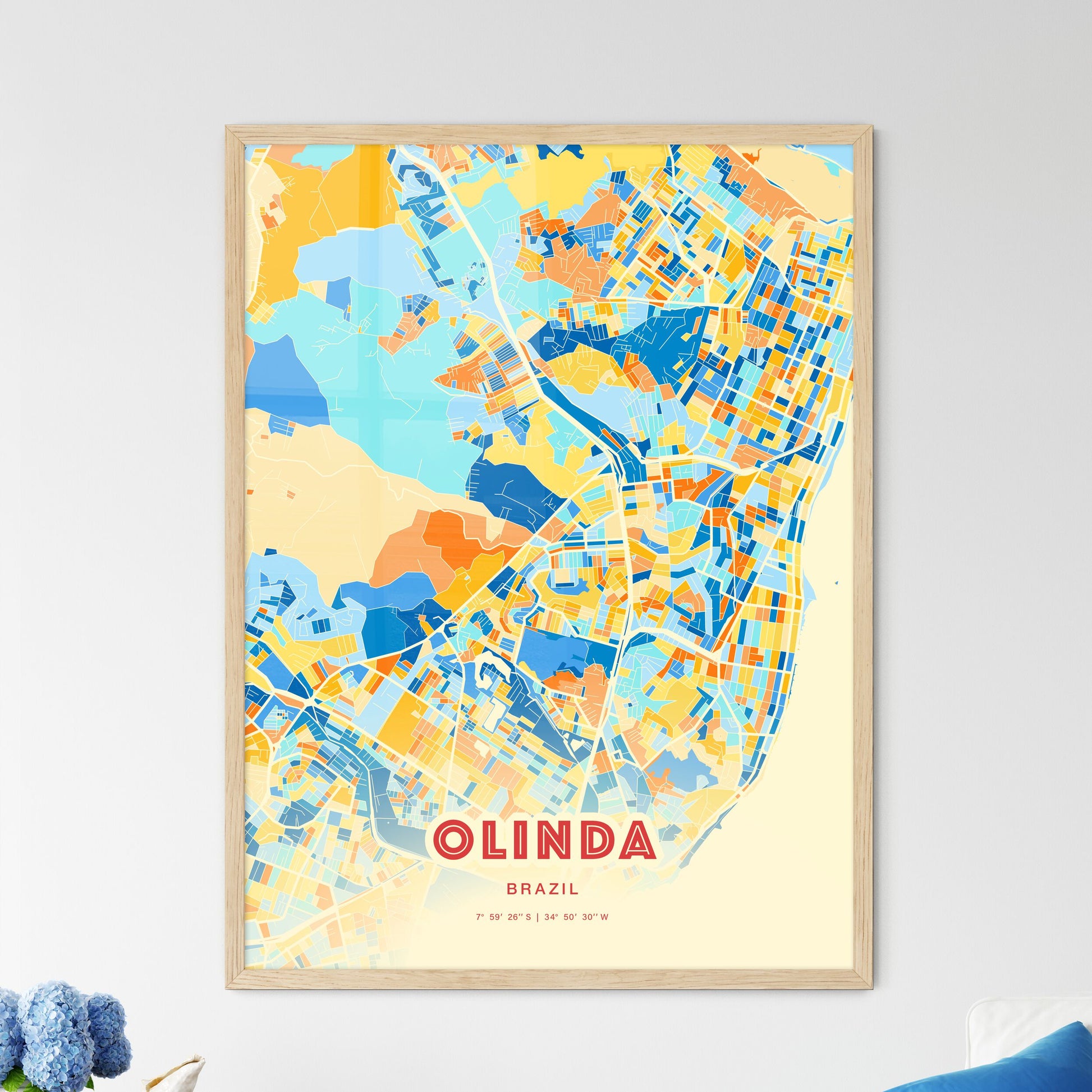 Colorful OLINDA BRAZIL Fine Art Map Blue Orange