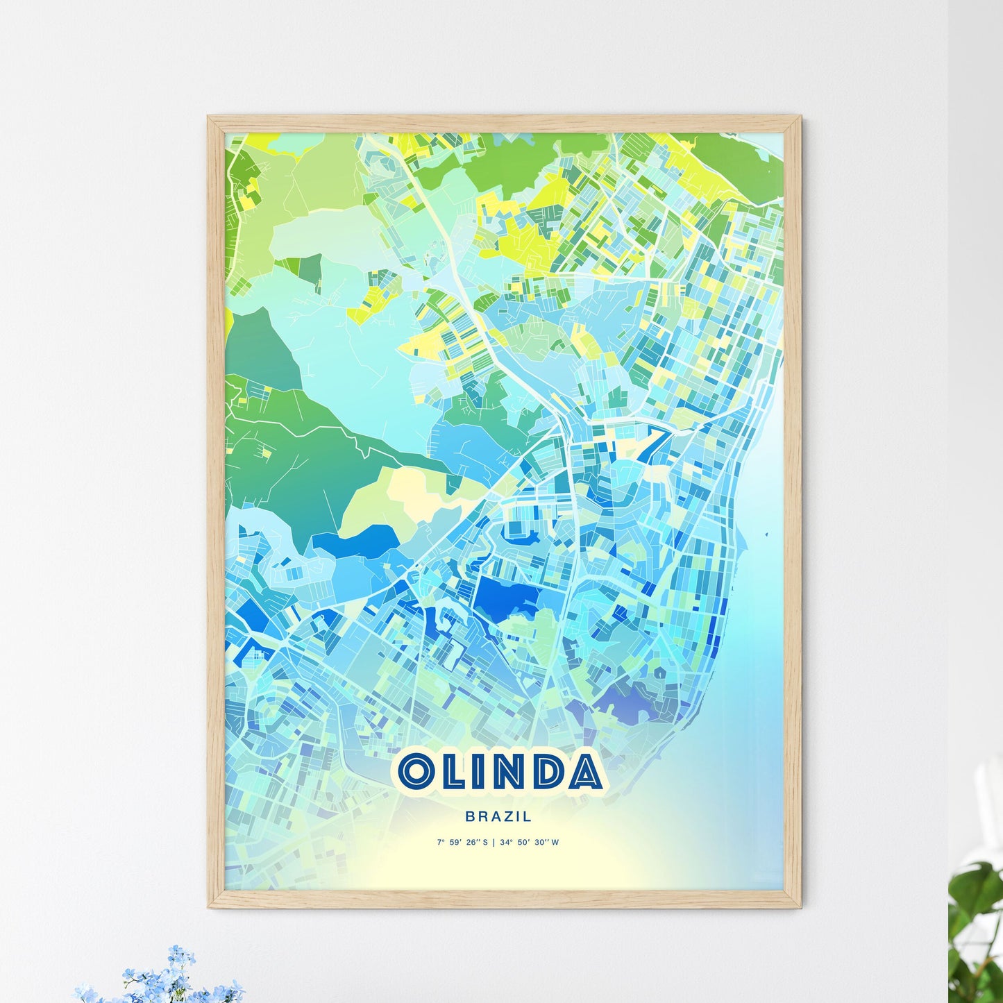 Colorful OLINDA BRAZIL Fine Art Map Cool Blue