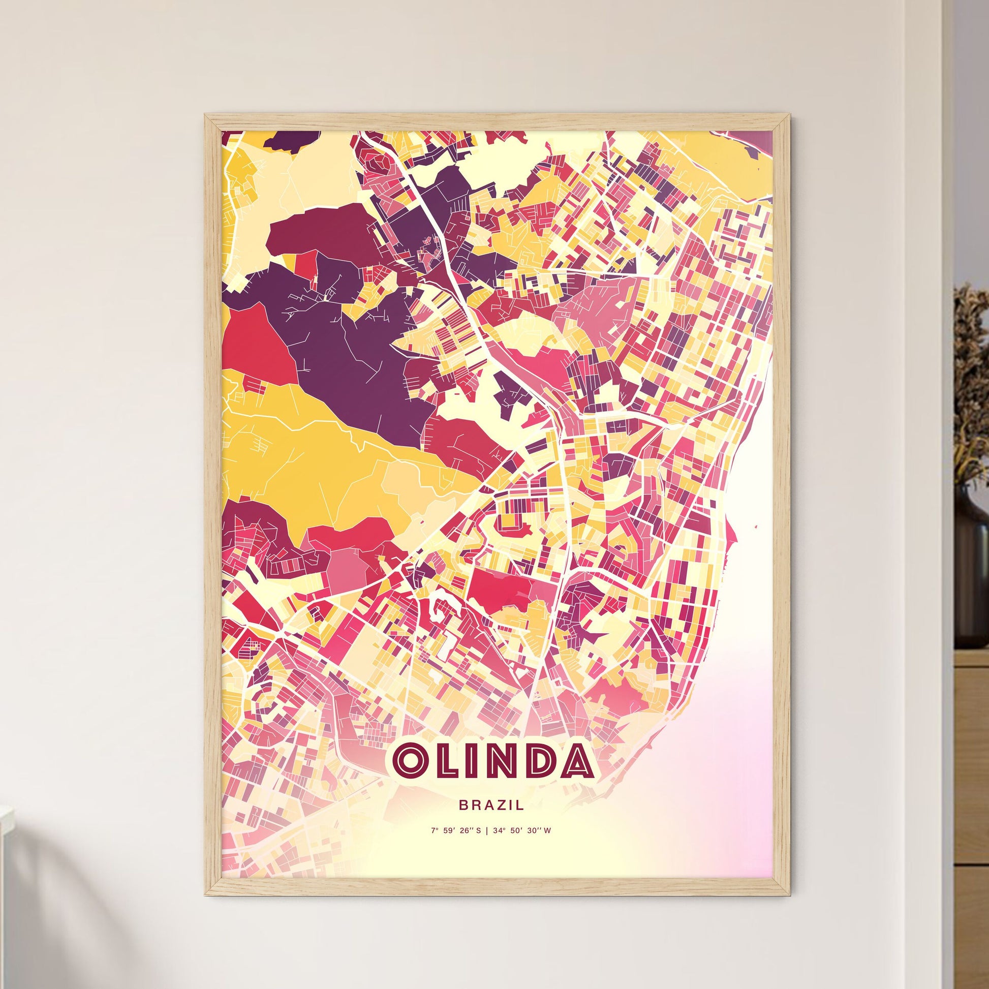 Colorful OLINDA BRAZIL Fine Art Map Hot Red