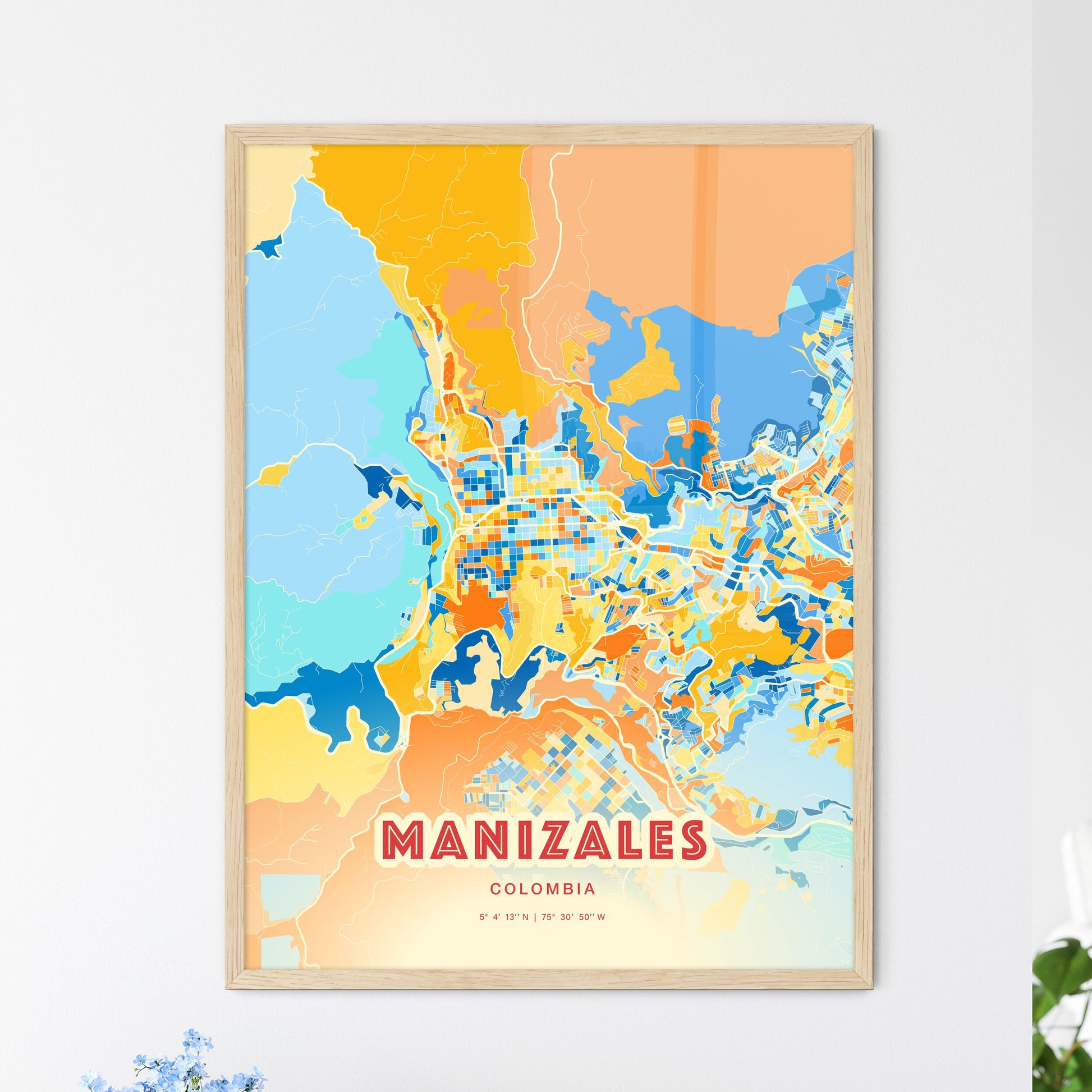 Colorful MANIZALES COLOMBIA Fine Art Map Blue Orange