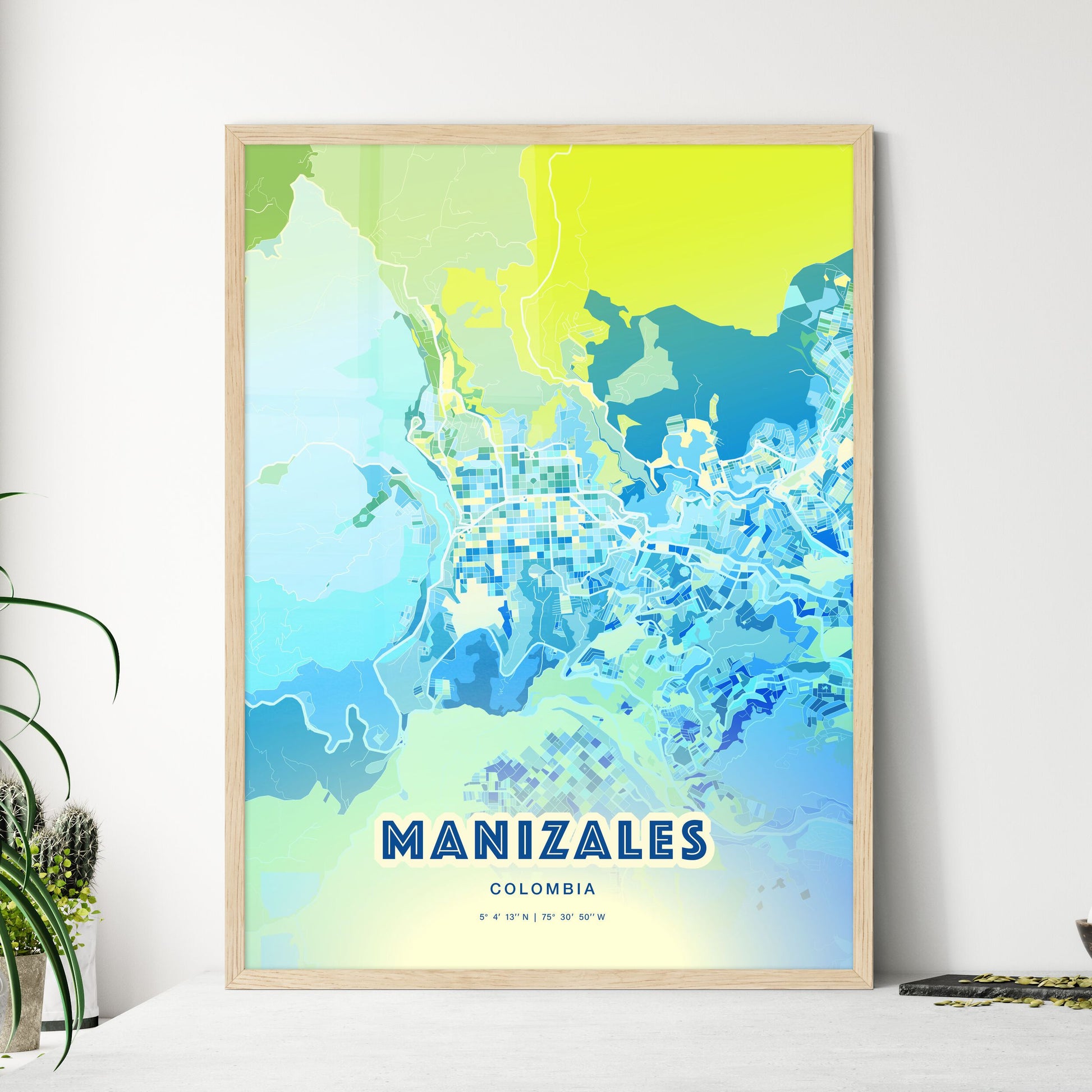 Colorful MANIZALES COLOMBIA Fine Art Map Cool Blue