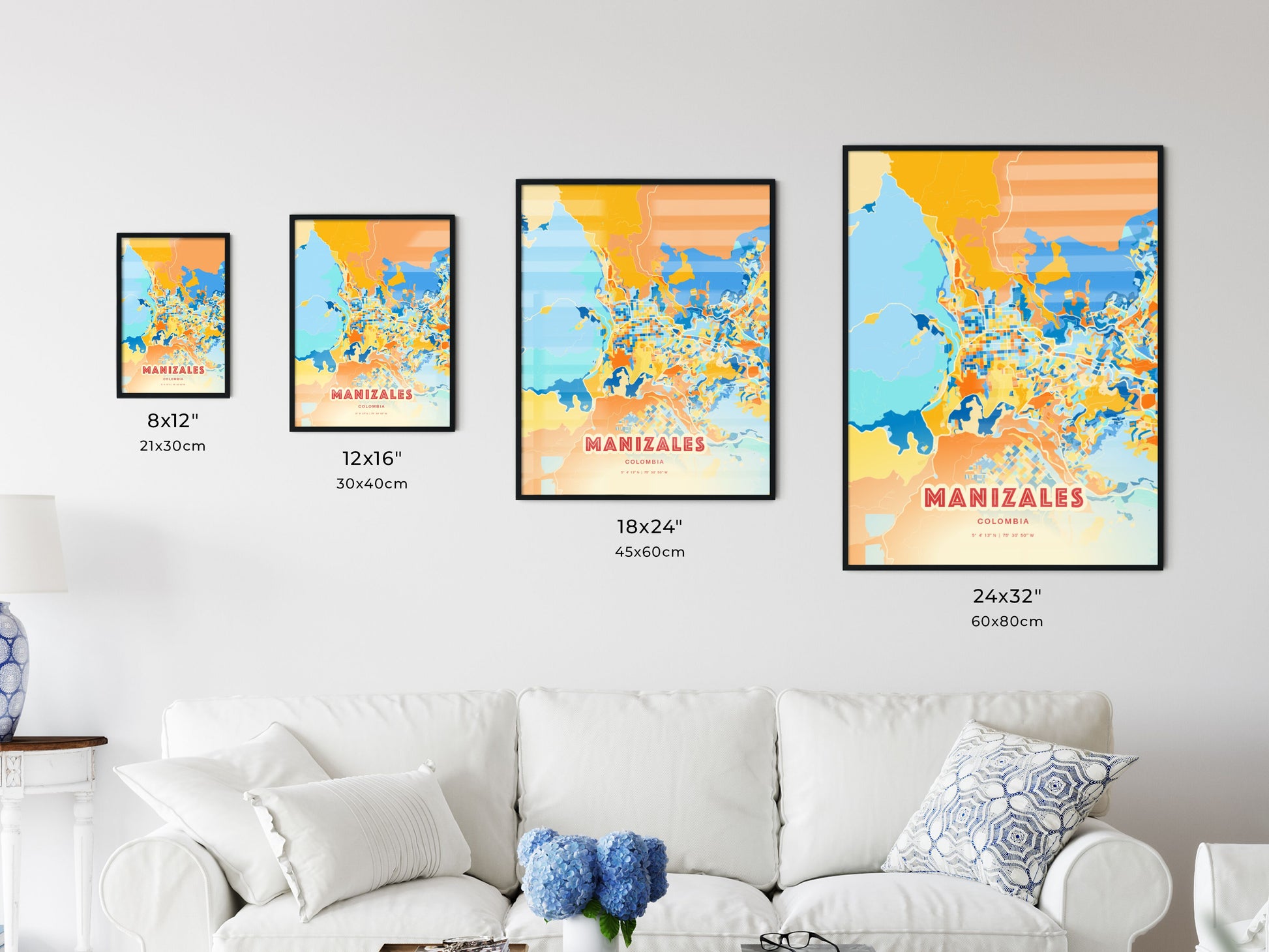 Colorful MANIZALES COLOMBIA Fine Art Map Blue Orange