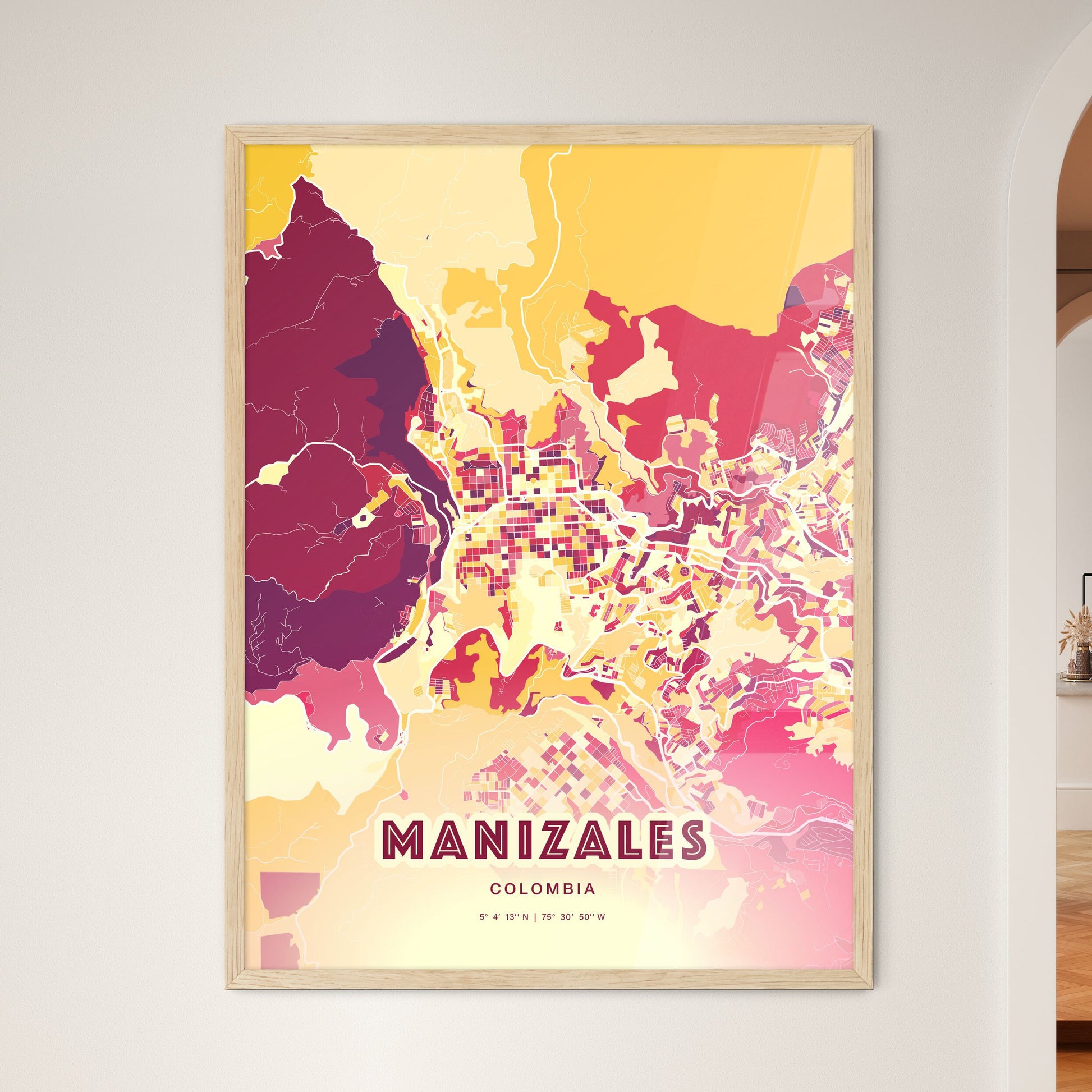 Colorful MANIZALES COLOMBIA Fine Art Map Hot Red