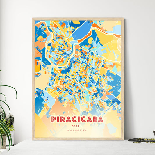 Colorful PIRACICABA BRAZIL Fine Art Map Blue Orange