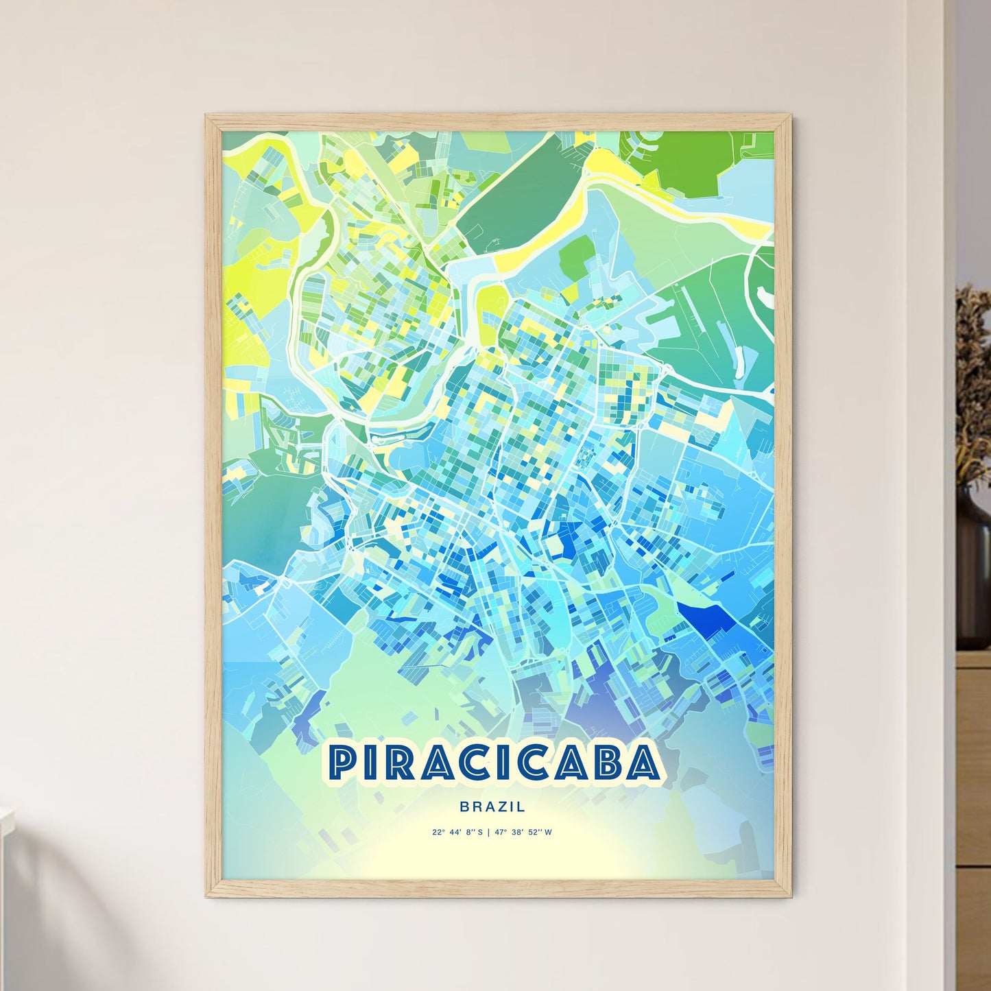 Colorful PIRACICABA BRAZIL Fine Art Map Cool Blue