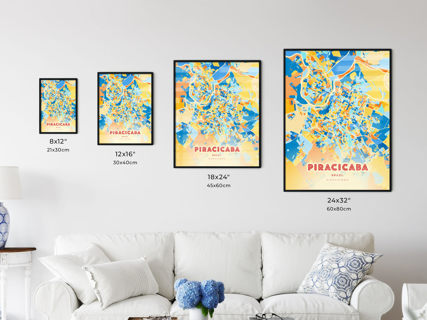 Colorful PIRACICABA BRAZIL Fine Art Map Blue Orange