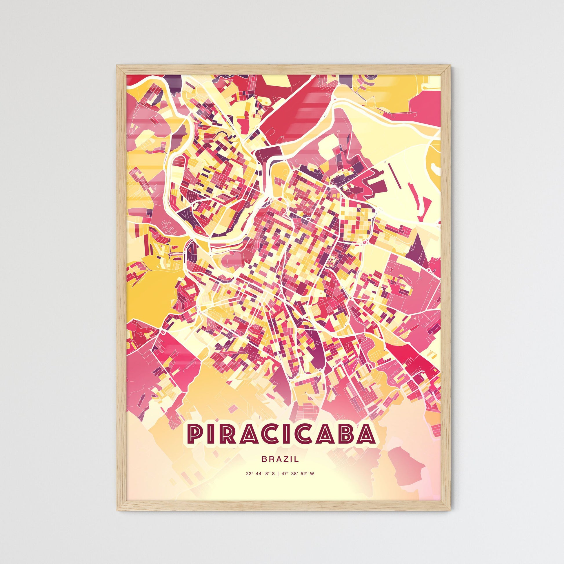 Colorful PIRACICABA BRAZIL Fine Art Map Hot Red