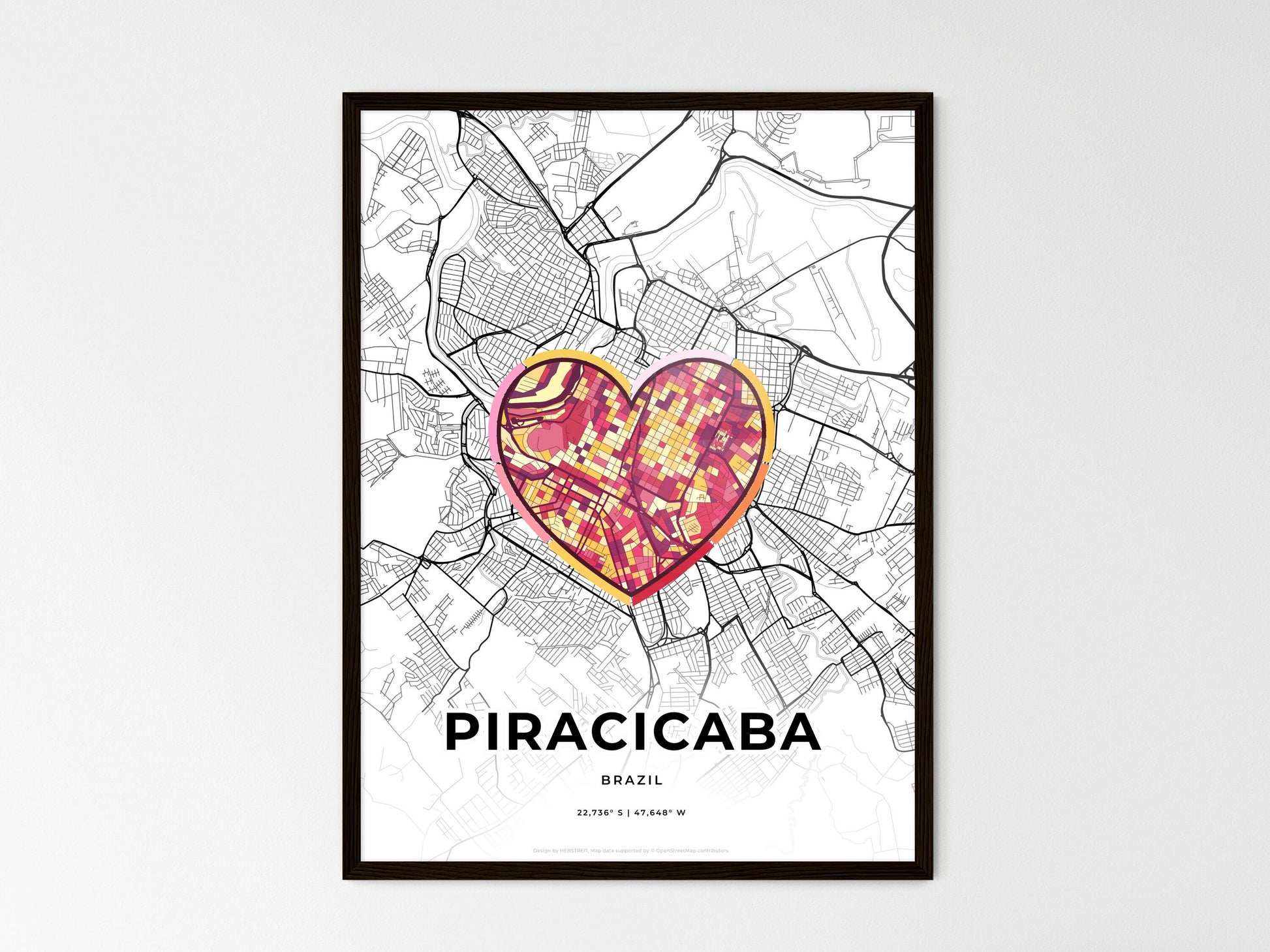 Piracicaba Brazil wedding art map with heart icon