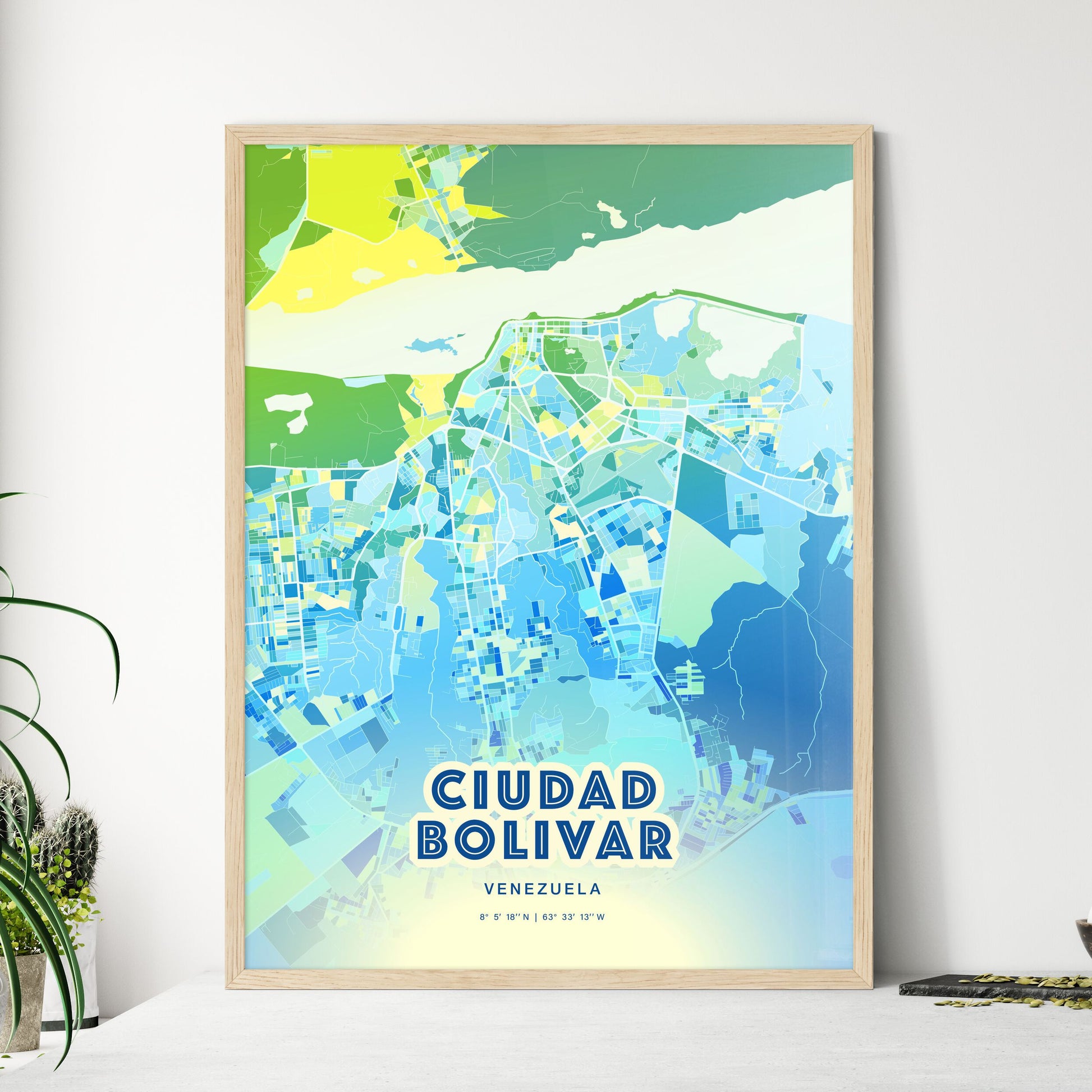 Colorful CIUDAD BOLIVAR VENEZUELA Fine Art Map Cool Blue