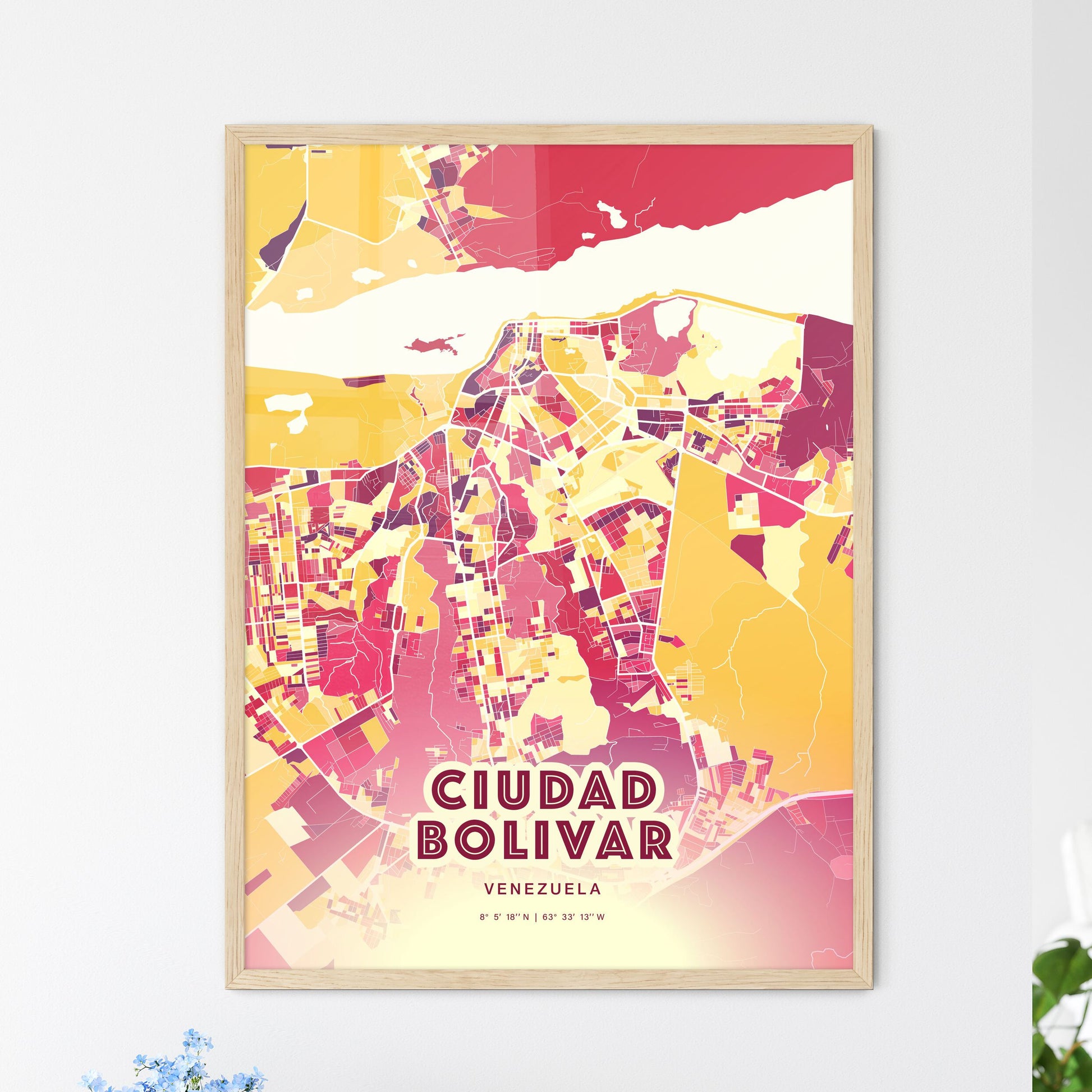 Colorful CIUDAD BOLIVAR VENEZUELA Fine Art Map Hot Red