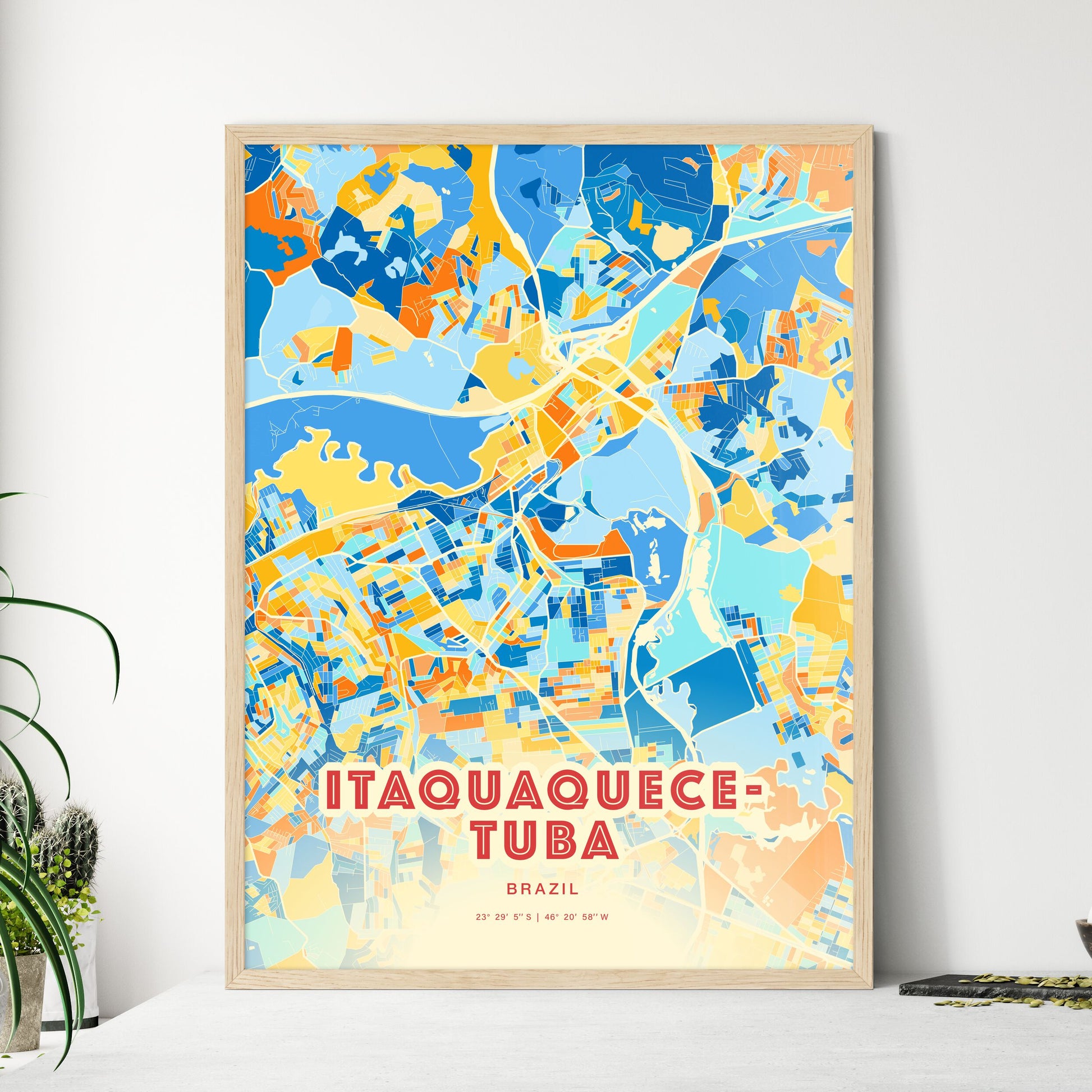 Colorful ITAQUAQUECETUBA BRAZIL Fine Art Map Blue Orange