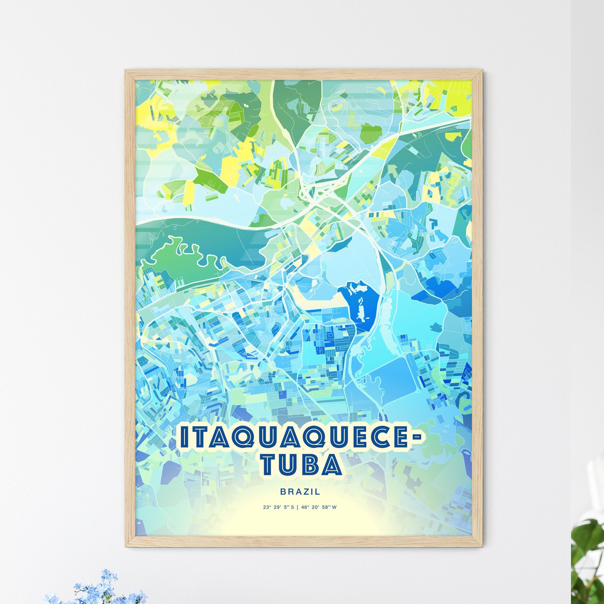 Colorful ITAQUAQUECETUBA BRAZIL Fine Art Map Cool Blue