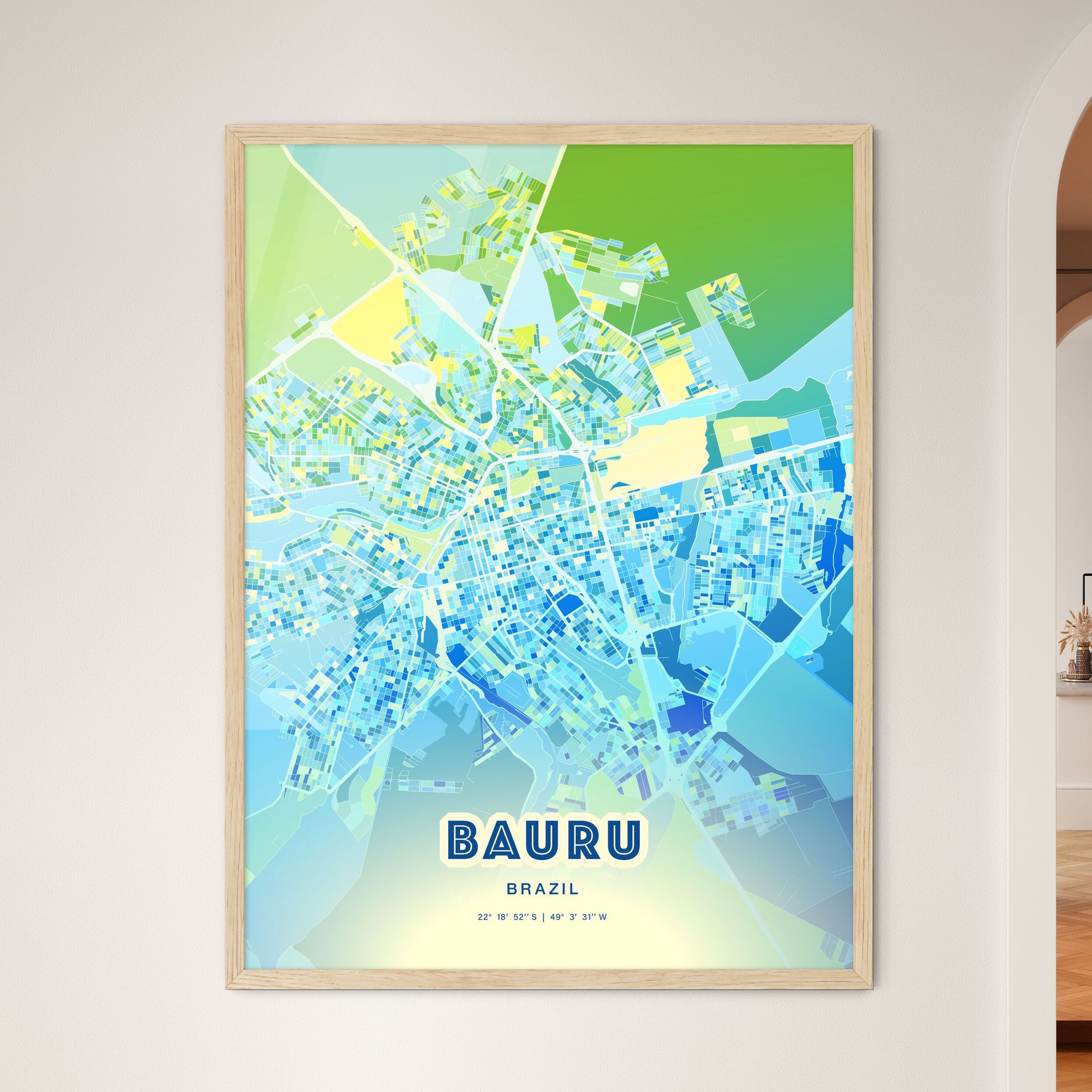 Colorful BAURU BRAZIL Fine Art Map Cool Blue