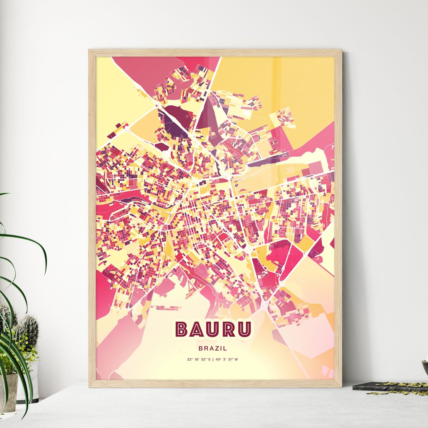 Colorful BAURU BRAZIL Fine Art Map Hot Red