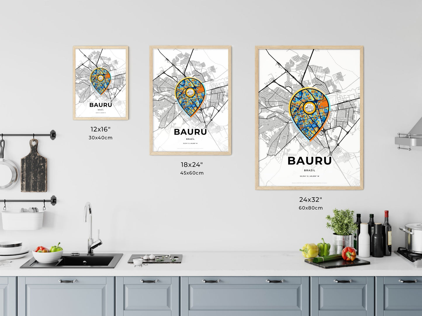 BAURU BRAZIL minimal art map with a colorful icon. Where it all began, Couple map gift.