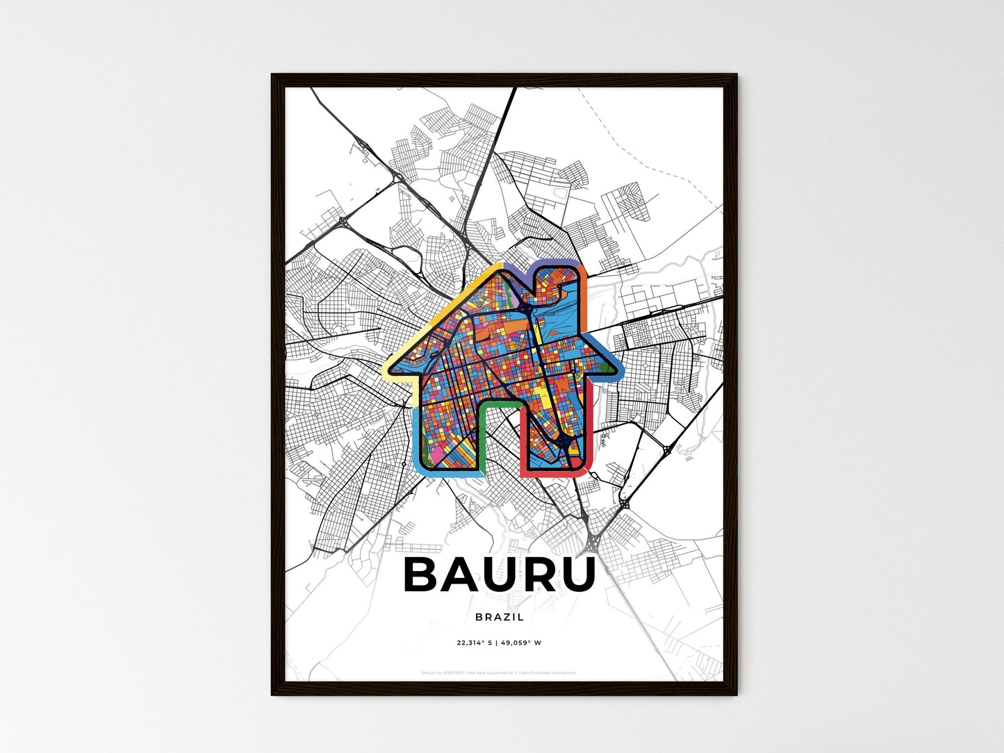 BAURU BRAZIL minimal art map with a colorful icon. Where it all began, Couple map gift. Style 3