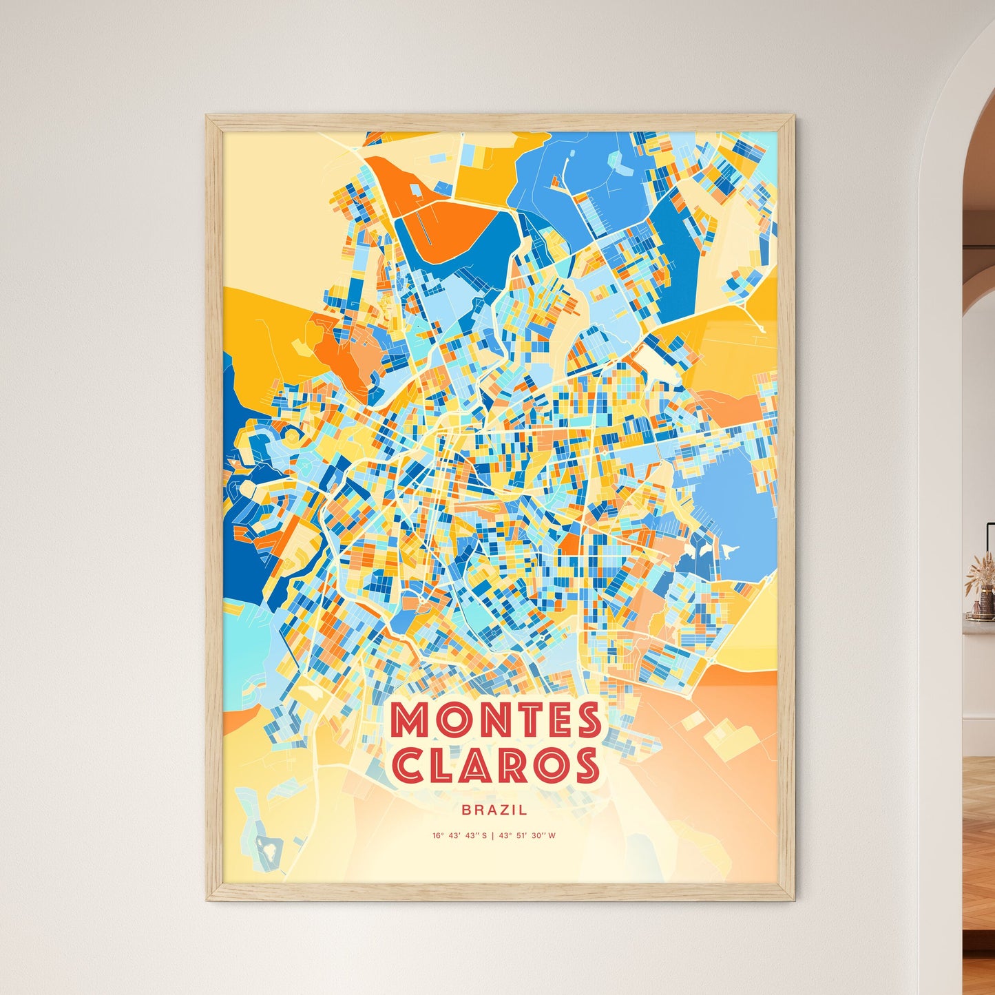 Colorful MONTES CLAROS BRAZIL Fine Art Map Blue Orange