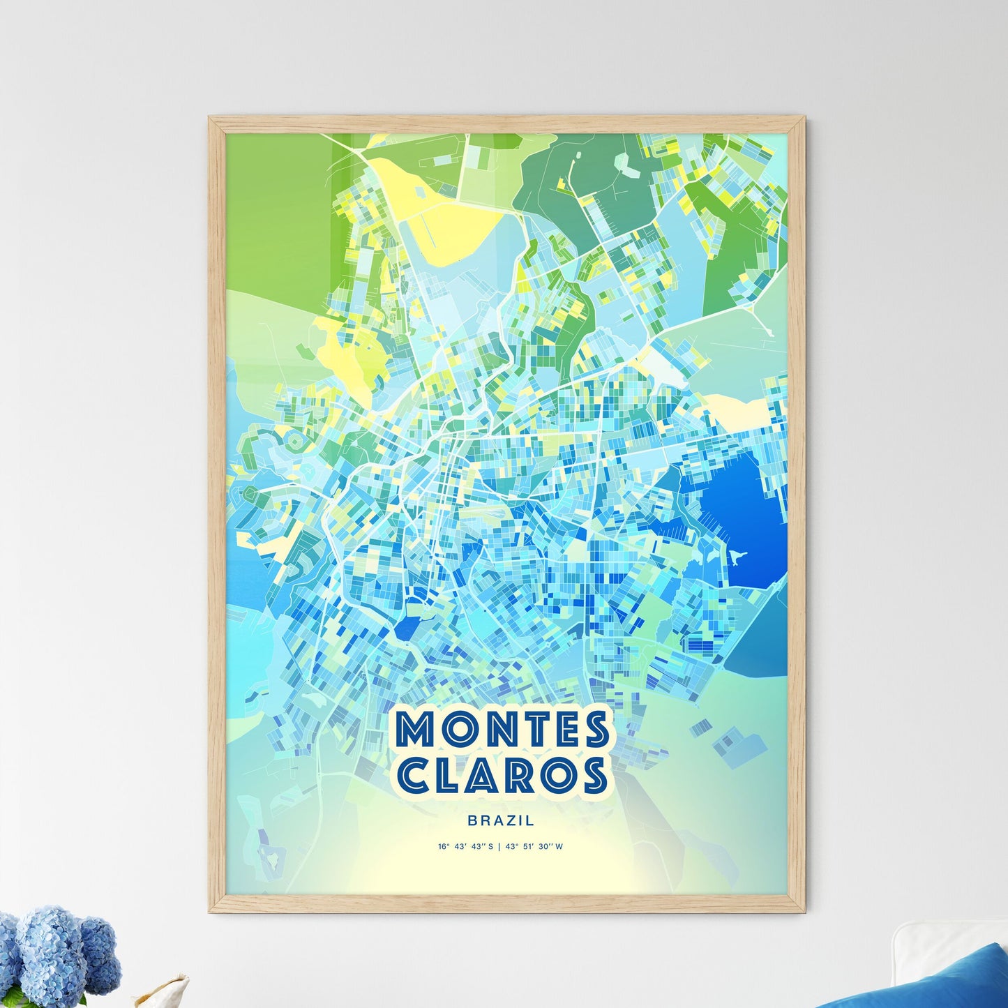 Colorful MONTES CLAROS BRAZIL Fine Art Map Cool Blue