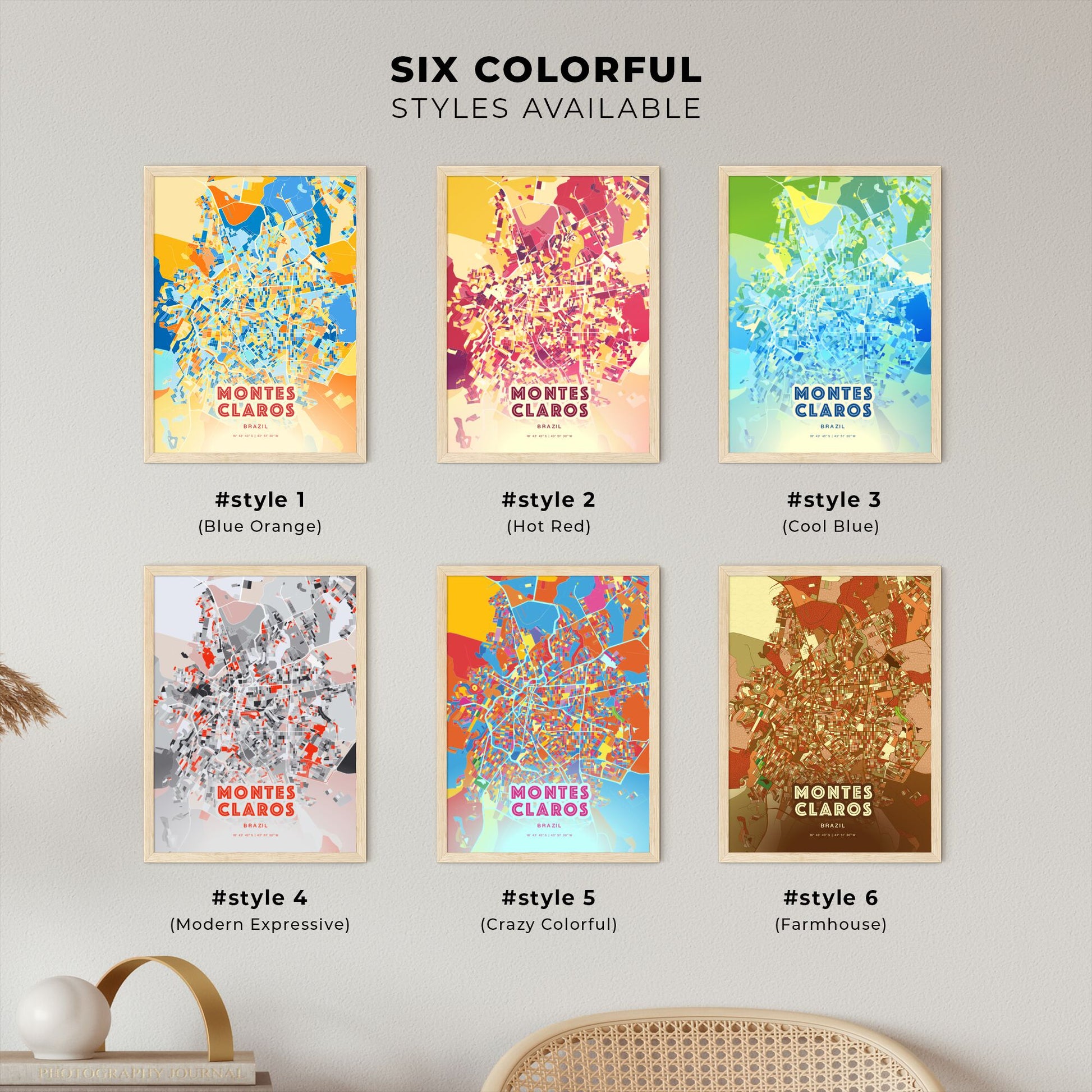 Colorful MONTES CLAROS BRAZIL Fine Art Map Blue Orange