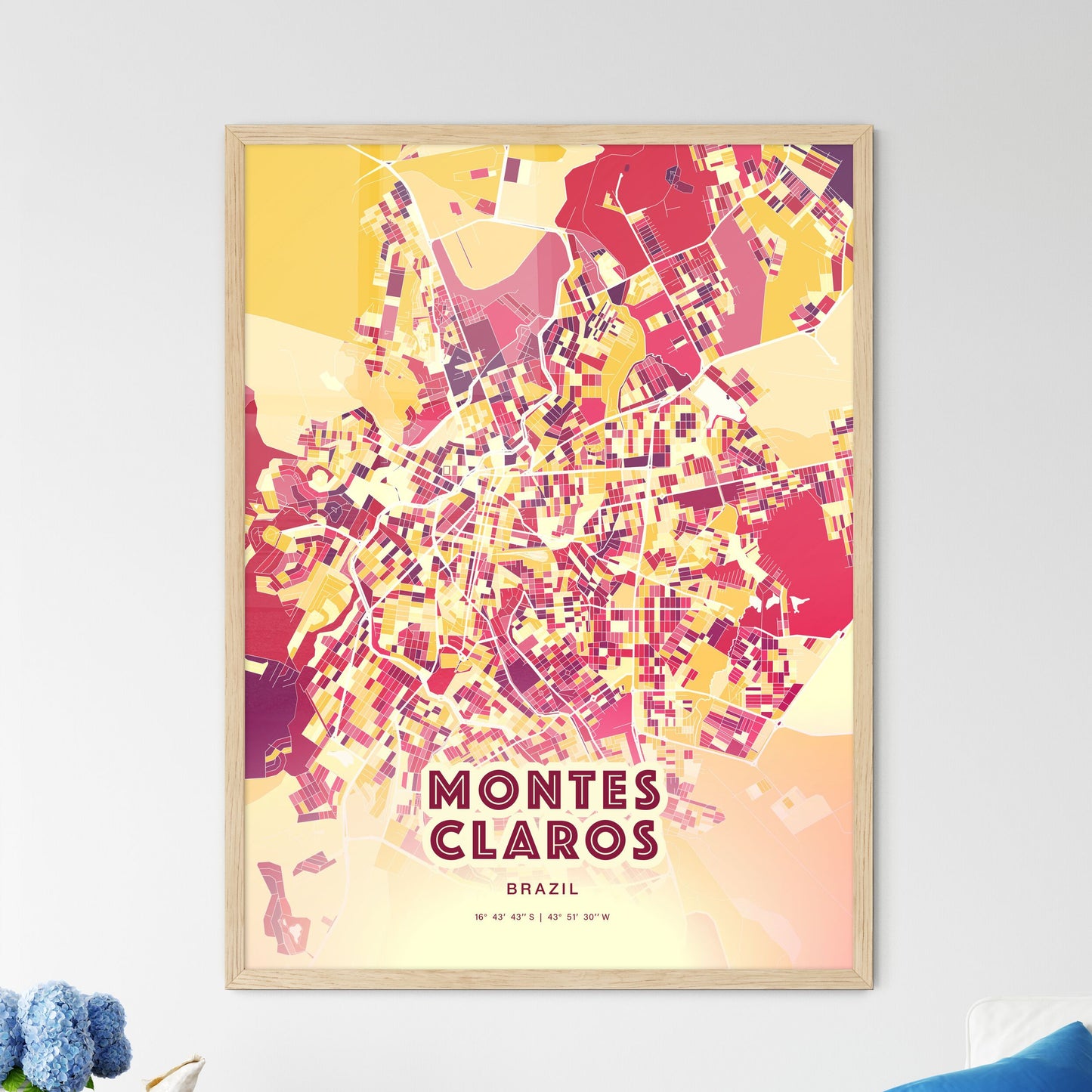 Colorful MONTES CLAROS BRAZIL Fine Art Map Hot Red