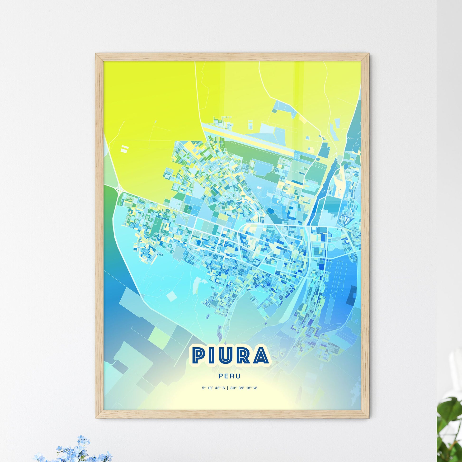 Colorful PIURA PERU Fine Art Map Cool Blue