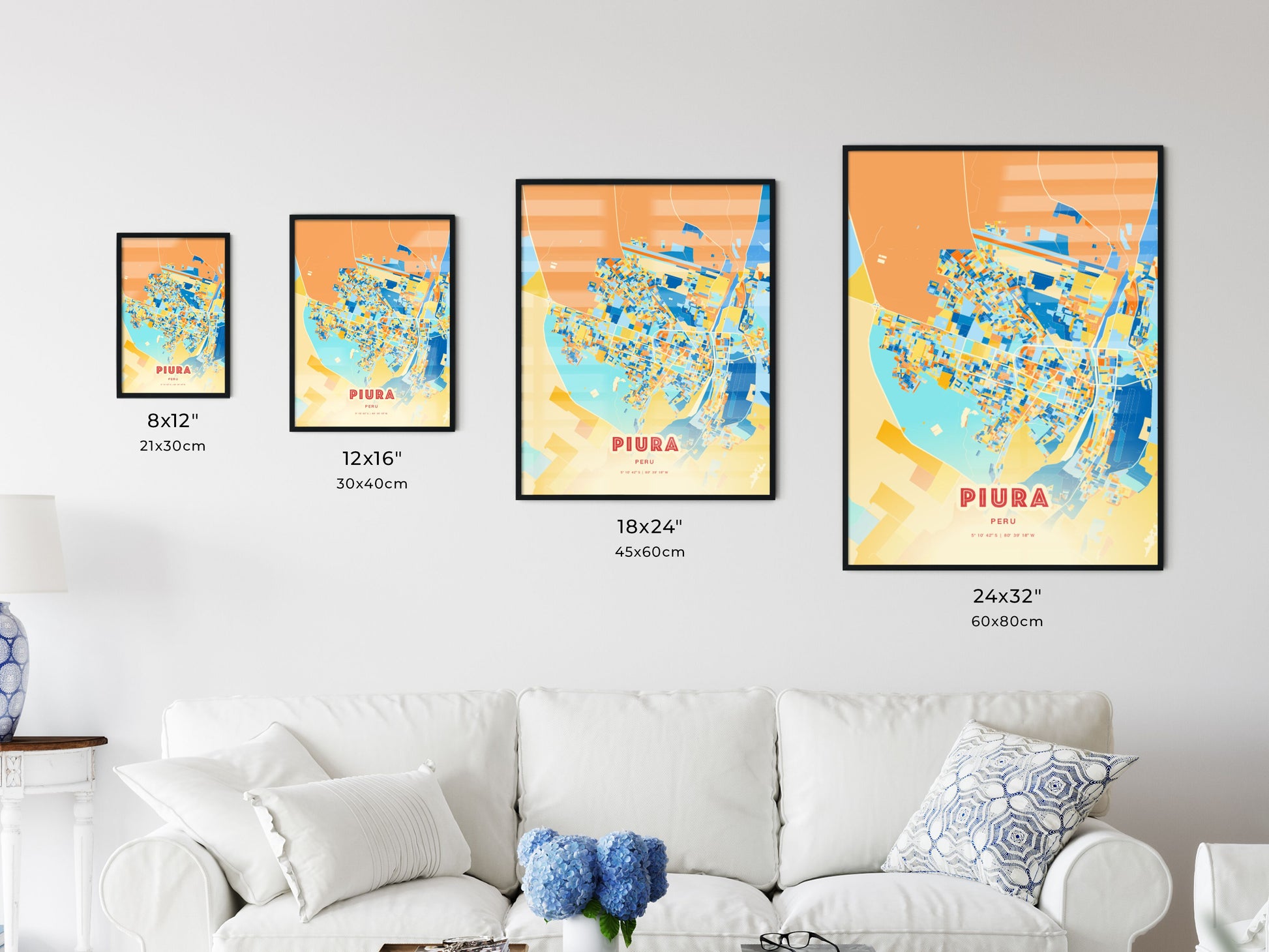 Colorful PIURA PERU Fine Art Map Blue Orange