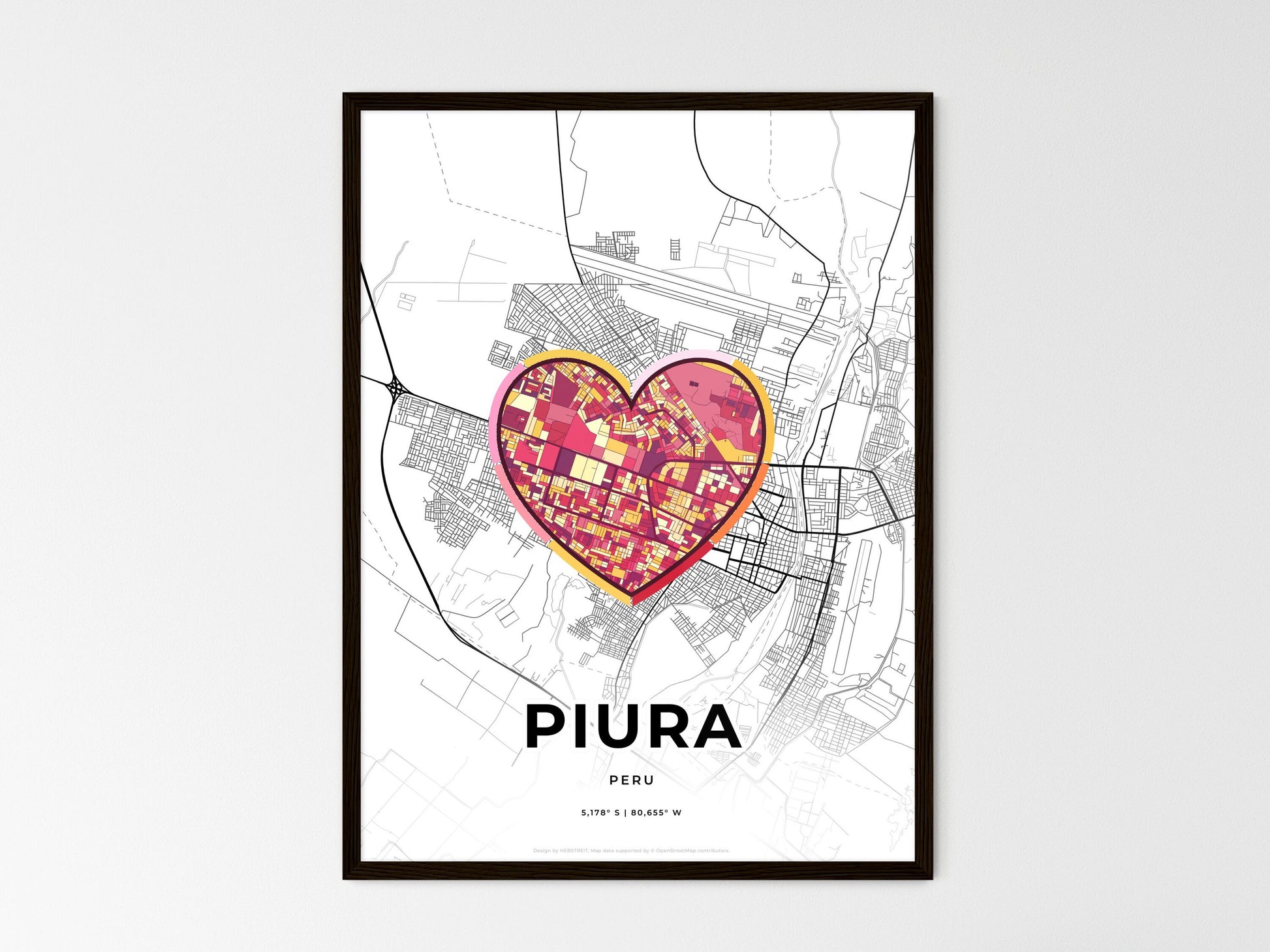 Piura Peru wedding art map with heart icon