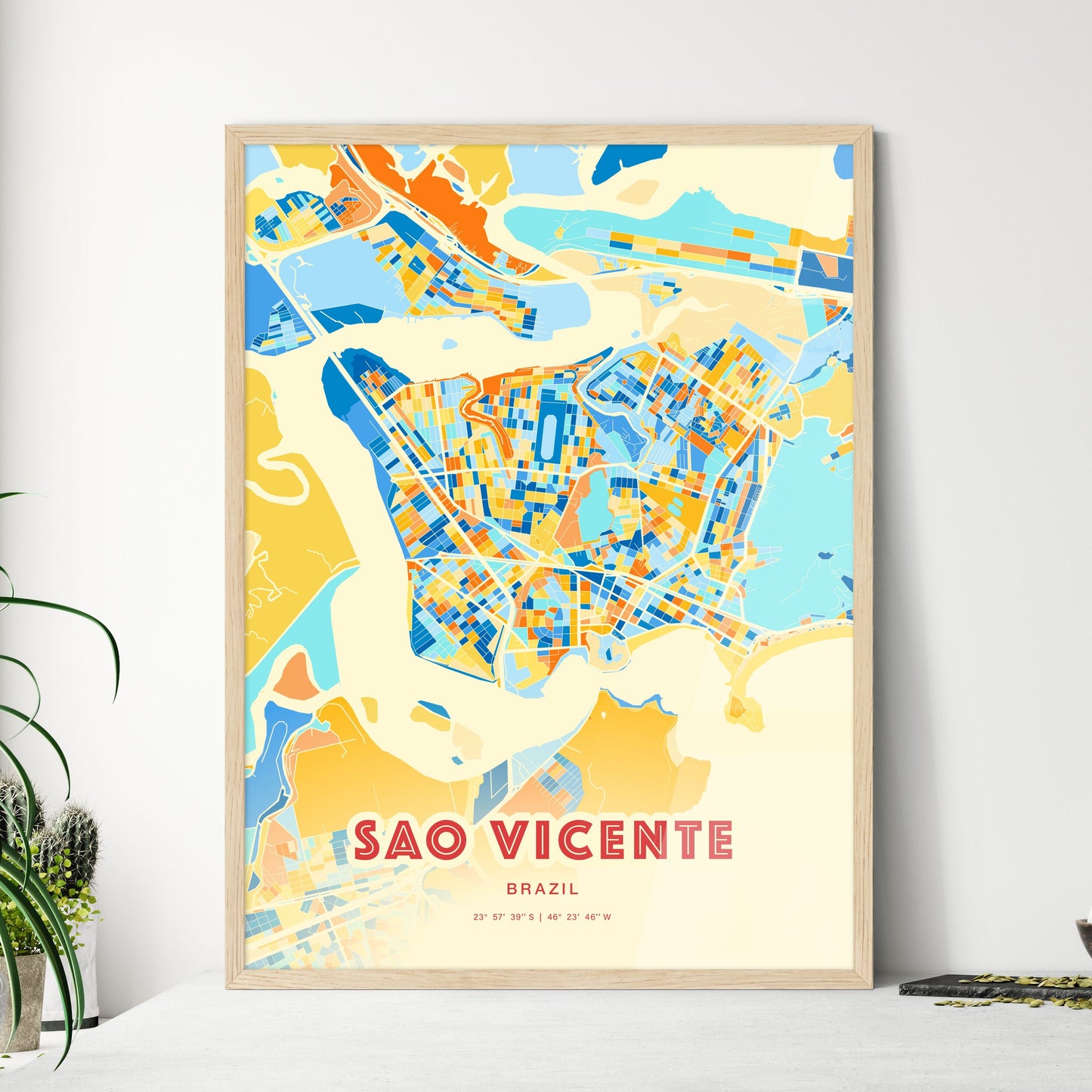 Colorful SAO VICENTE BRAZIL Fine Art Map Blue Orange