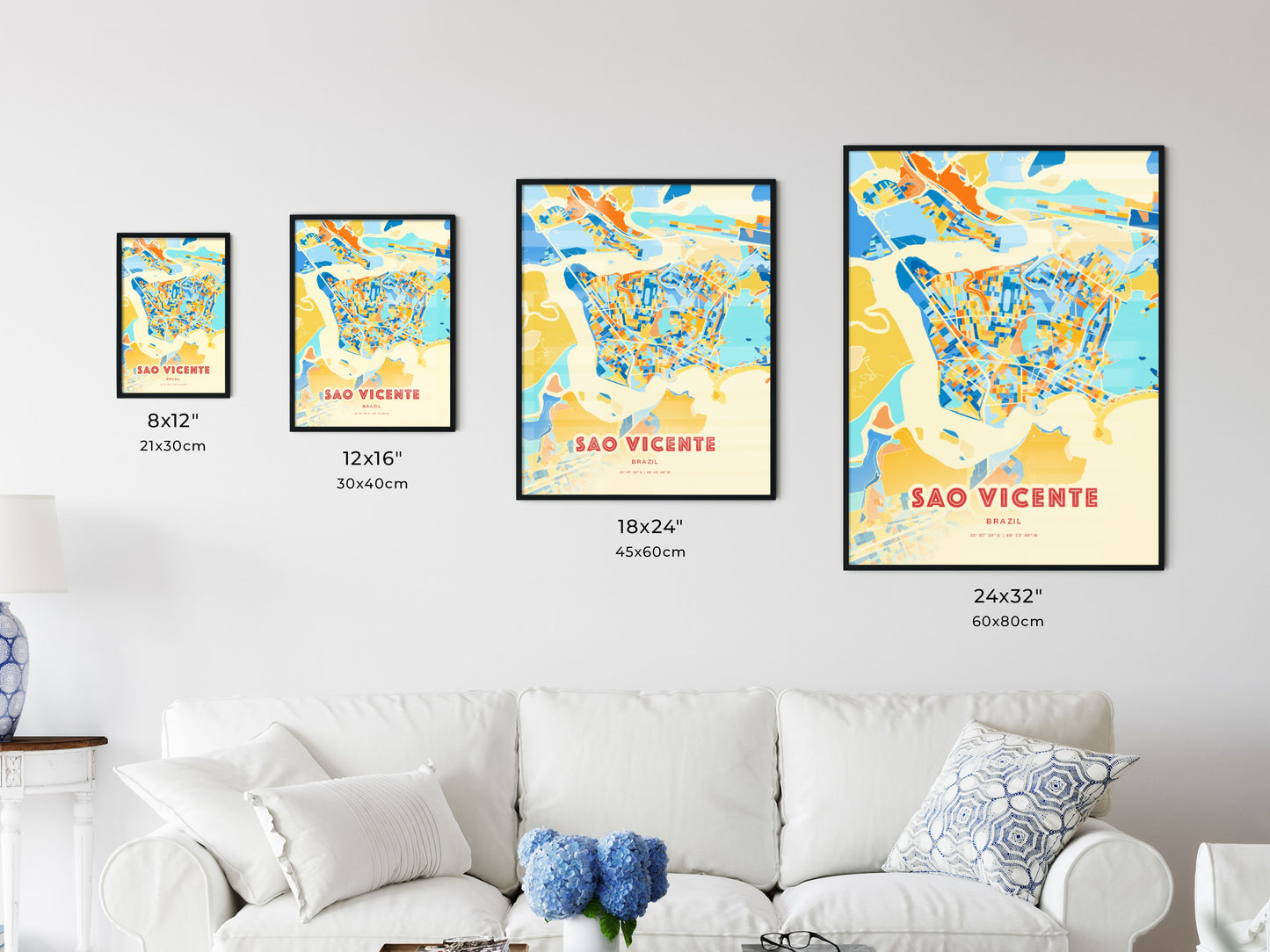 Colorful SAO VICENTE BRAZIL Fine Art Map Blue Orange