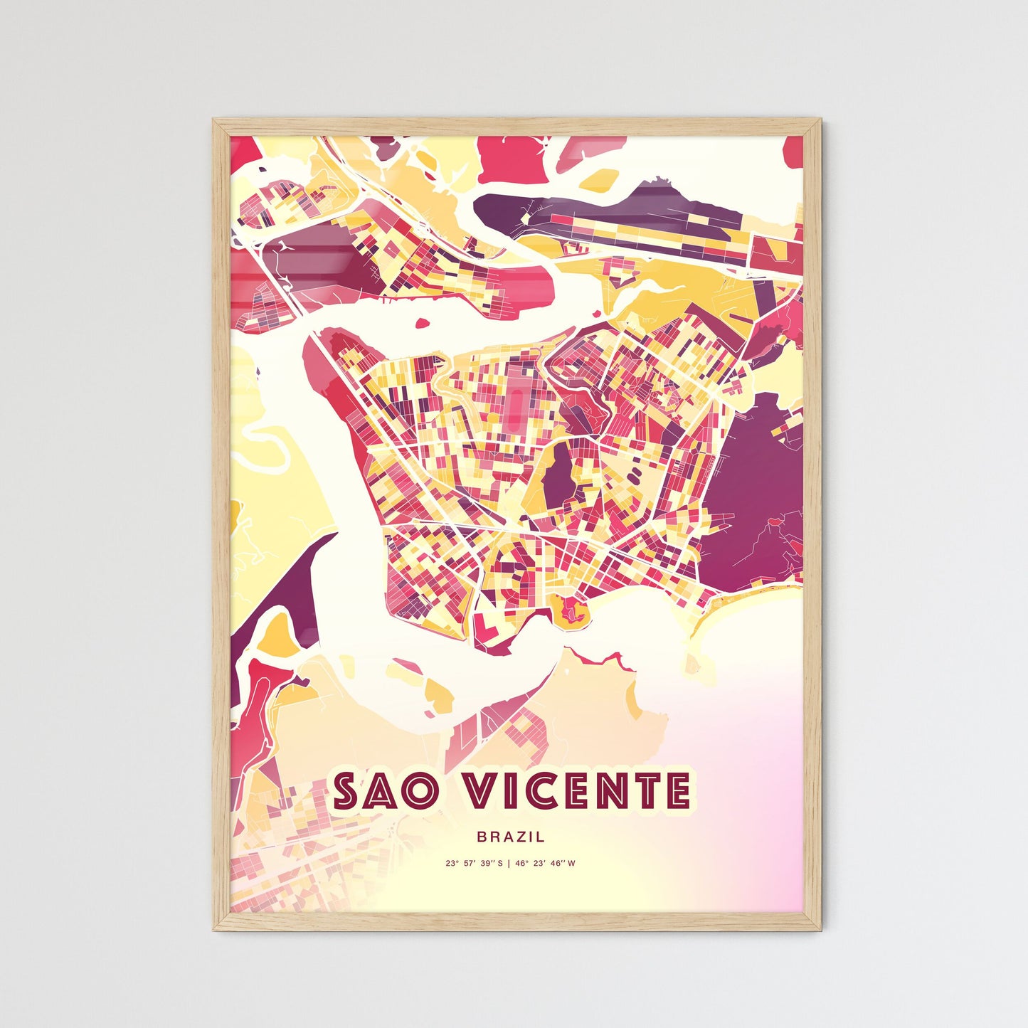 Colorful SAO VICENTE BRAZIL Fine Art Map Hot Red