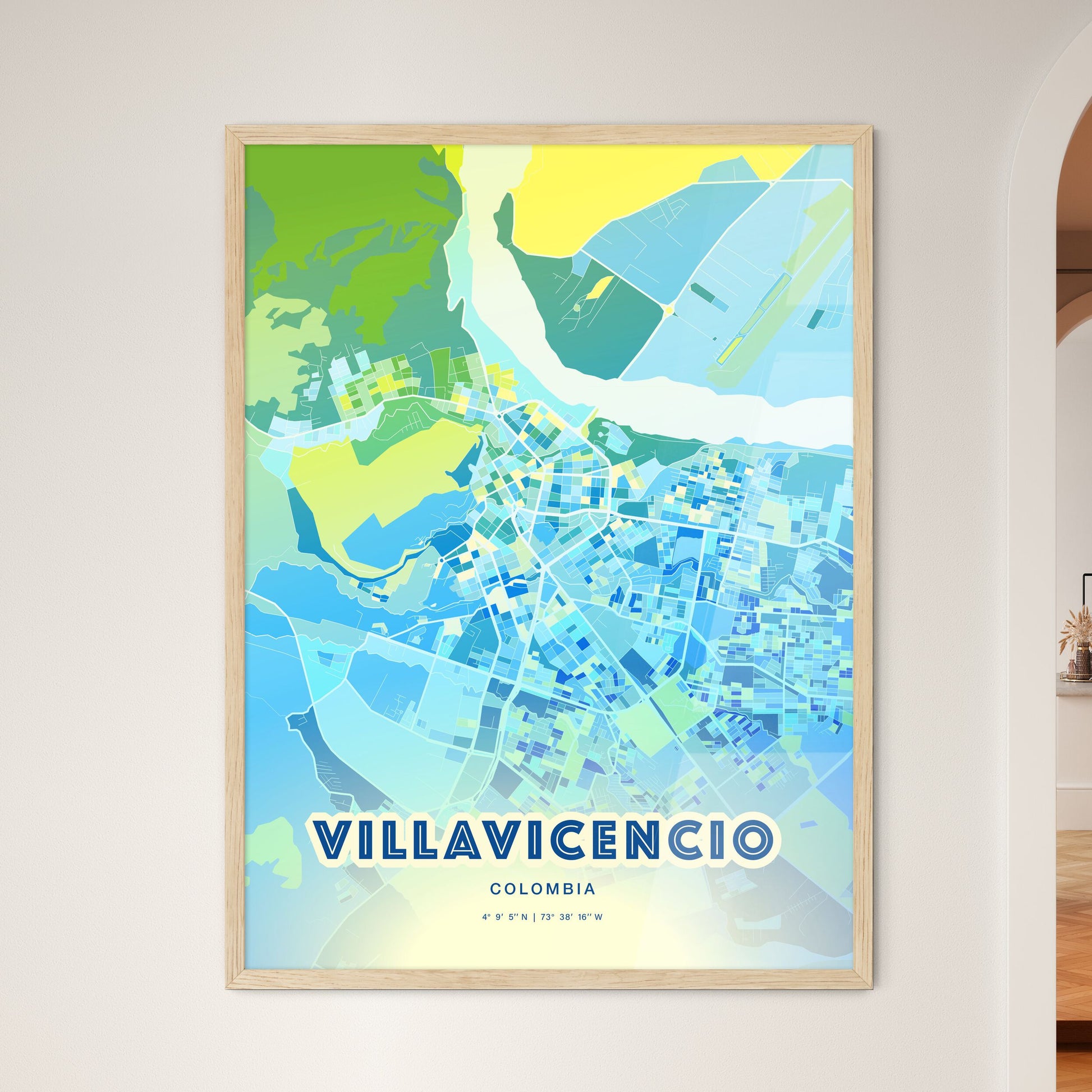 Colorful VILLAVICENCIO COLOMBIA Fine Art Map Cool Blue