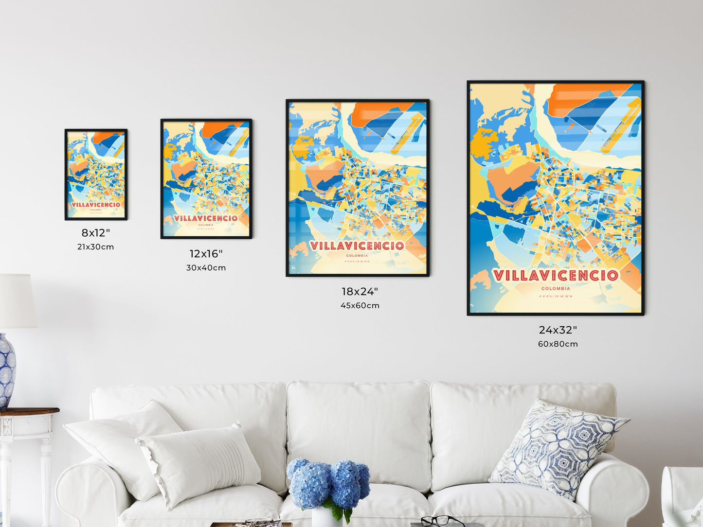 Colorful VILLAVICENCIO COLOMBIA Fine Art Map Blue Orange