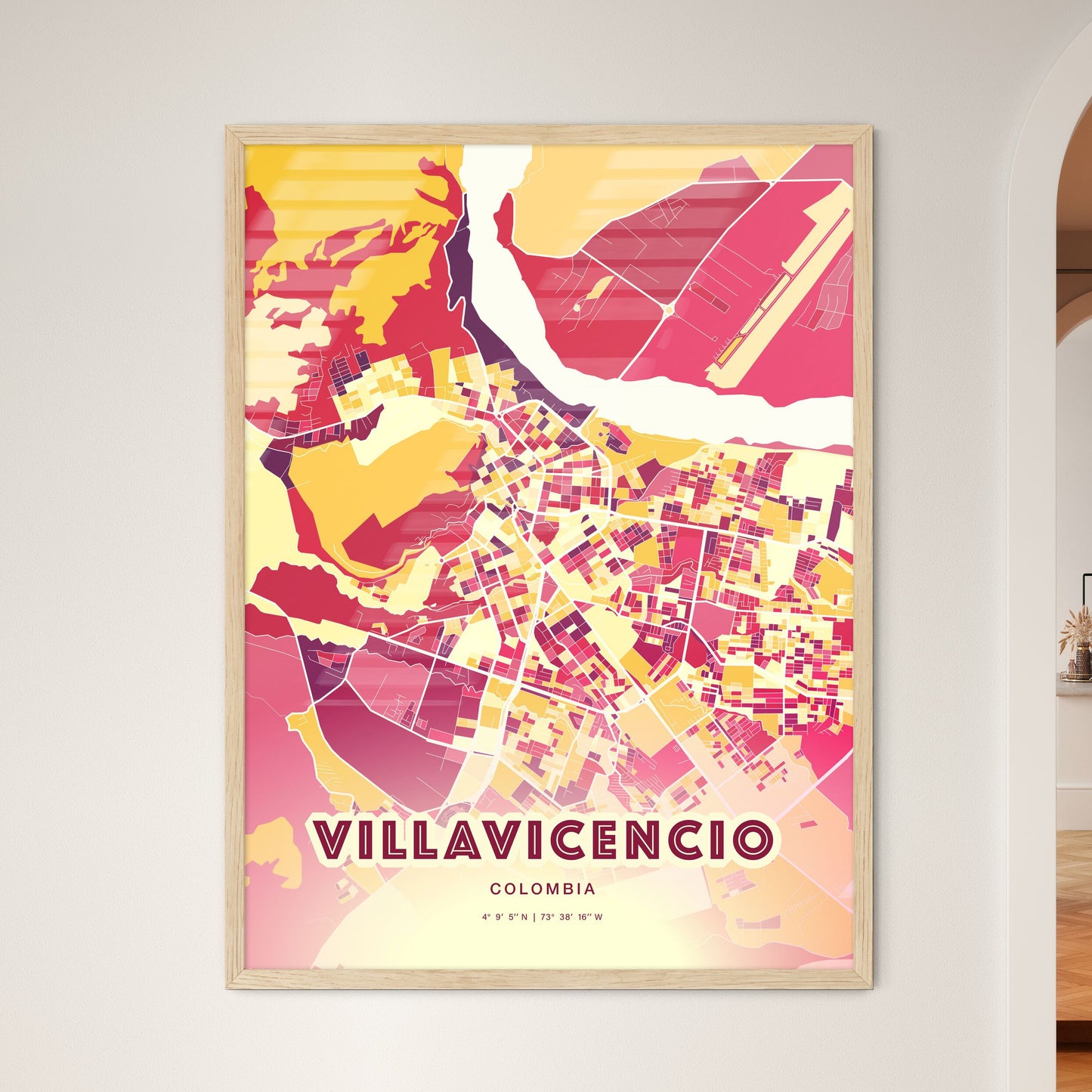 Colorful VILLAVICENCIO COLOMBIA Fine Art Map Hot Red