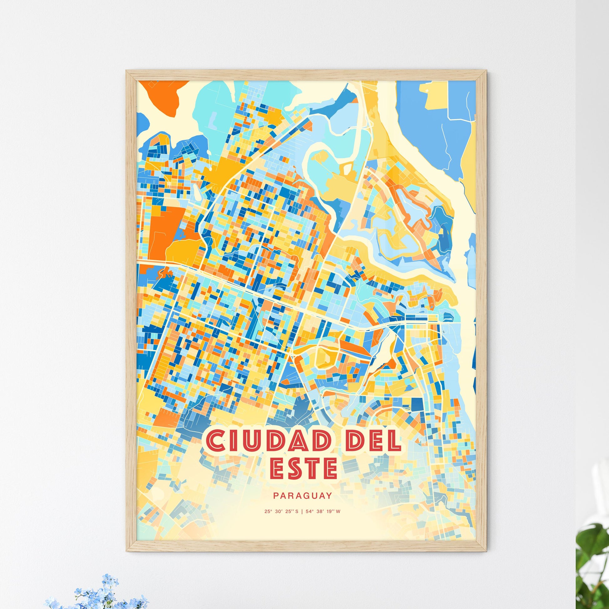 Colorful CIUDAD DEL ESTE PARAGUAY Fine Art Map Blue Orange