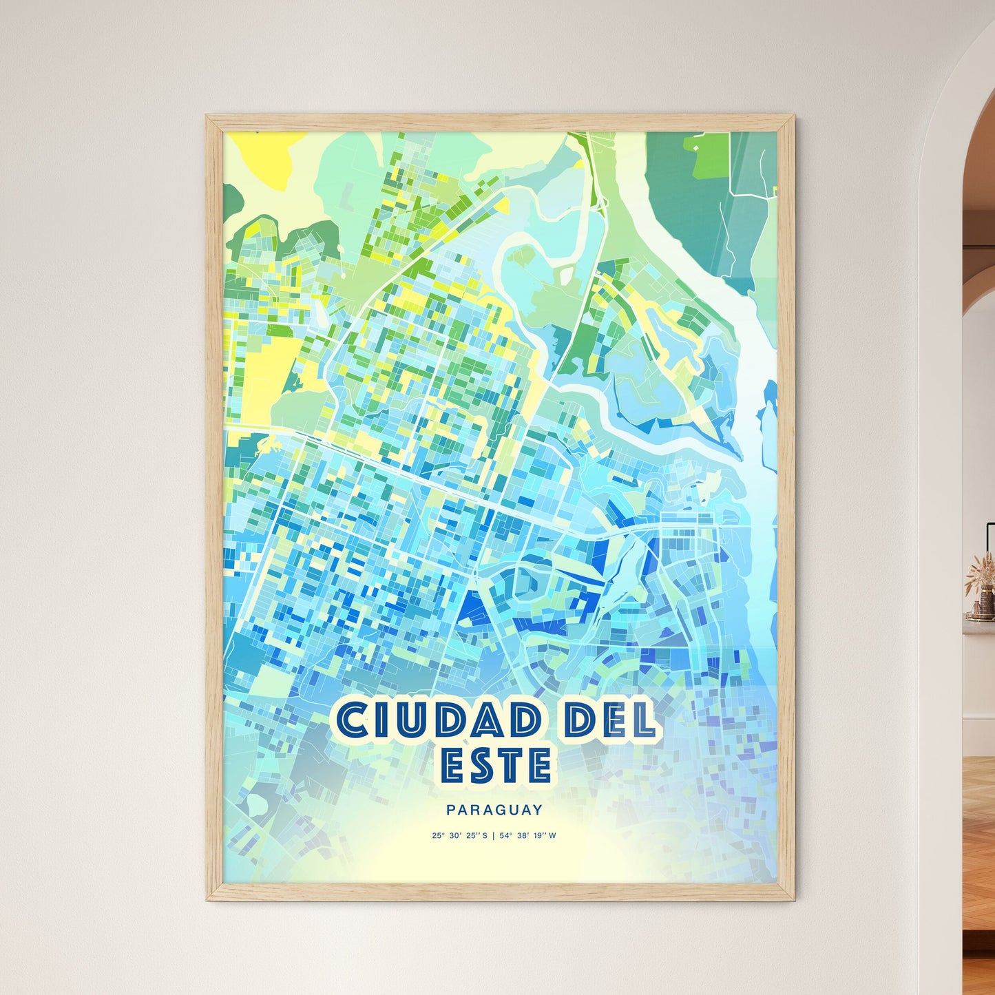 Colorful CIUDAD DEL ESTE PARAGUAY Fine Art Map Cool Blue