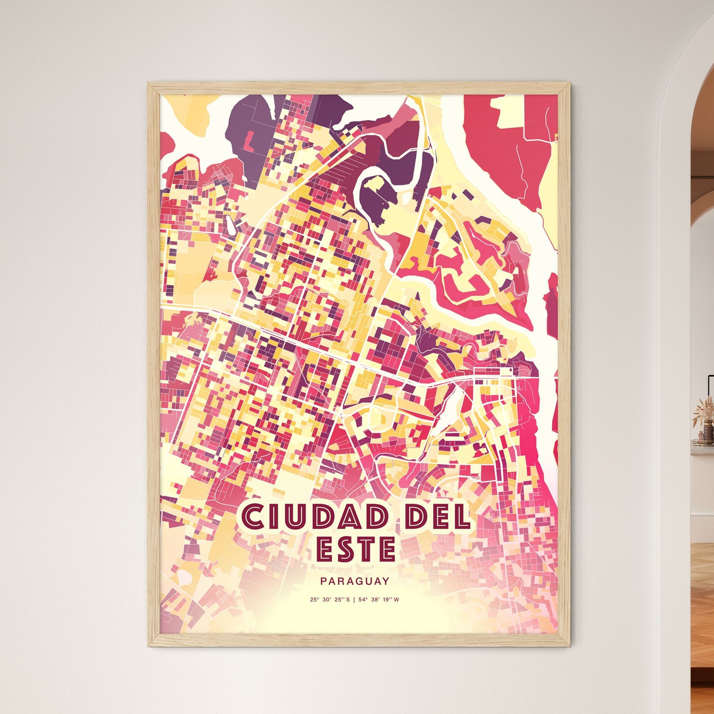 Colorful CIUDAD DEL ESTE PARAGUAY Fine Art Map Hot Red