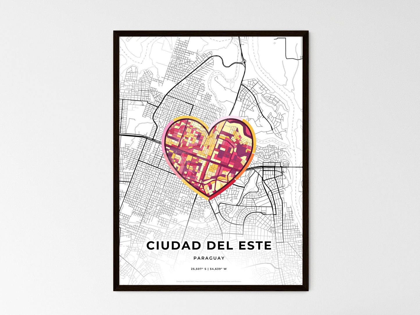Ciudad Del Este Paraguay wedding art map with heart icon