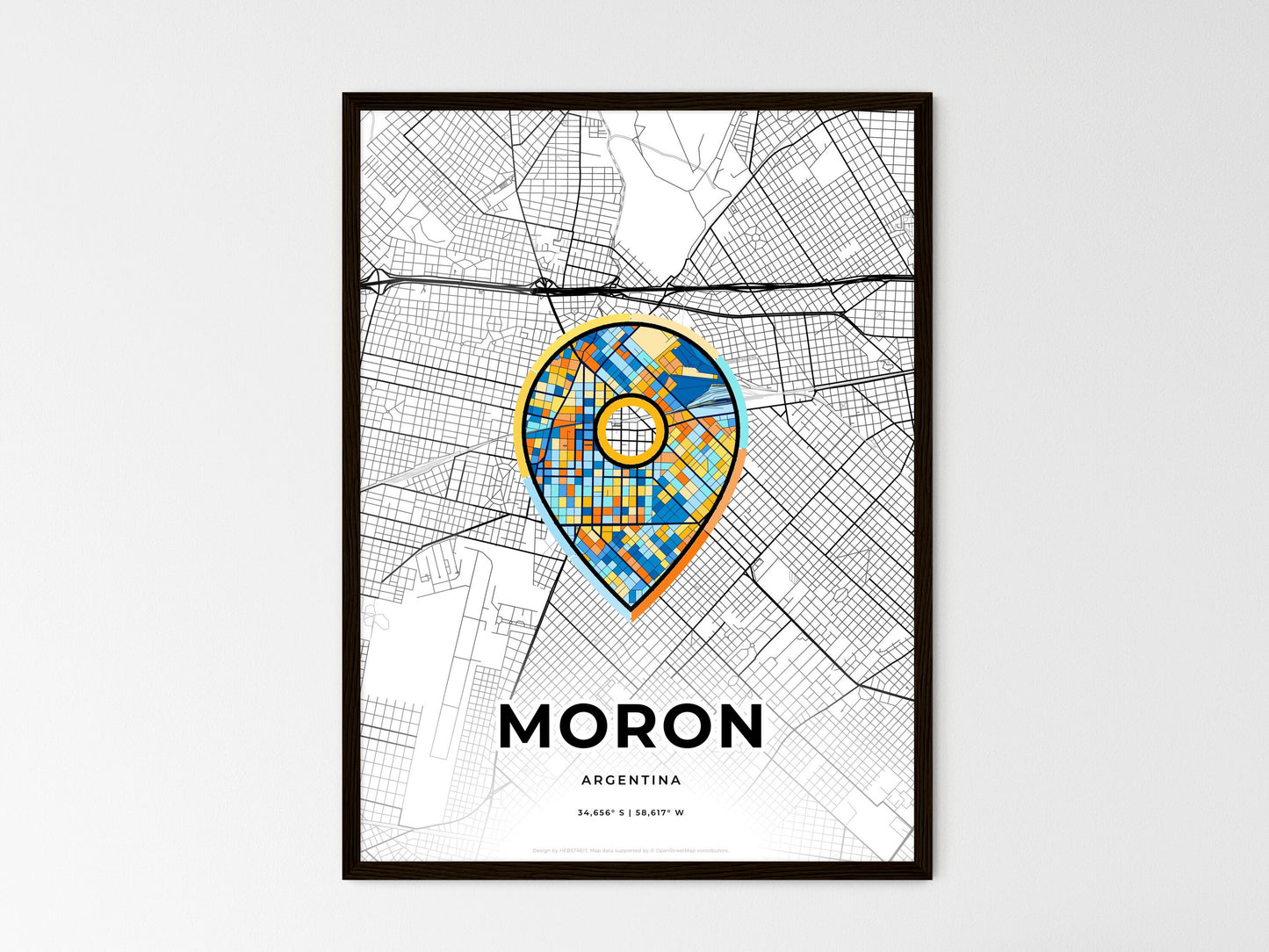 MORON ARGENTINA minimal art map with a colorful icon. Style 1