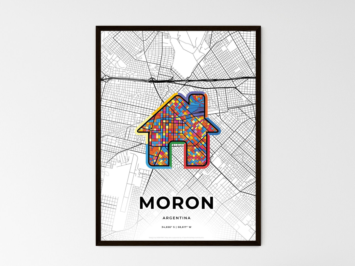 MORON ARGENTINA minimal art map with a colorful icon. Style 3
