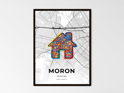 MORON ARGENTINA minimal art map with a colorful icon. Style 3
