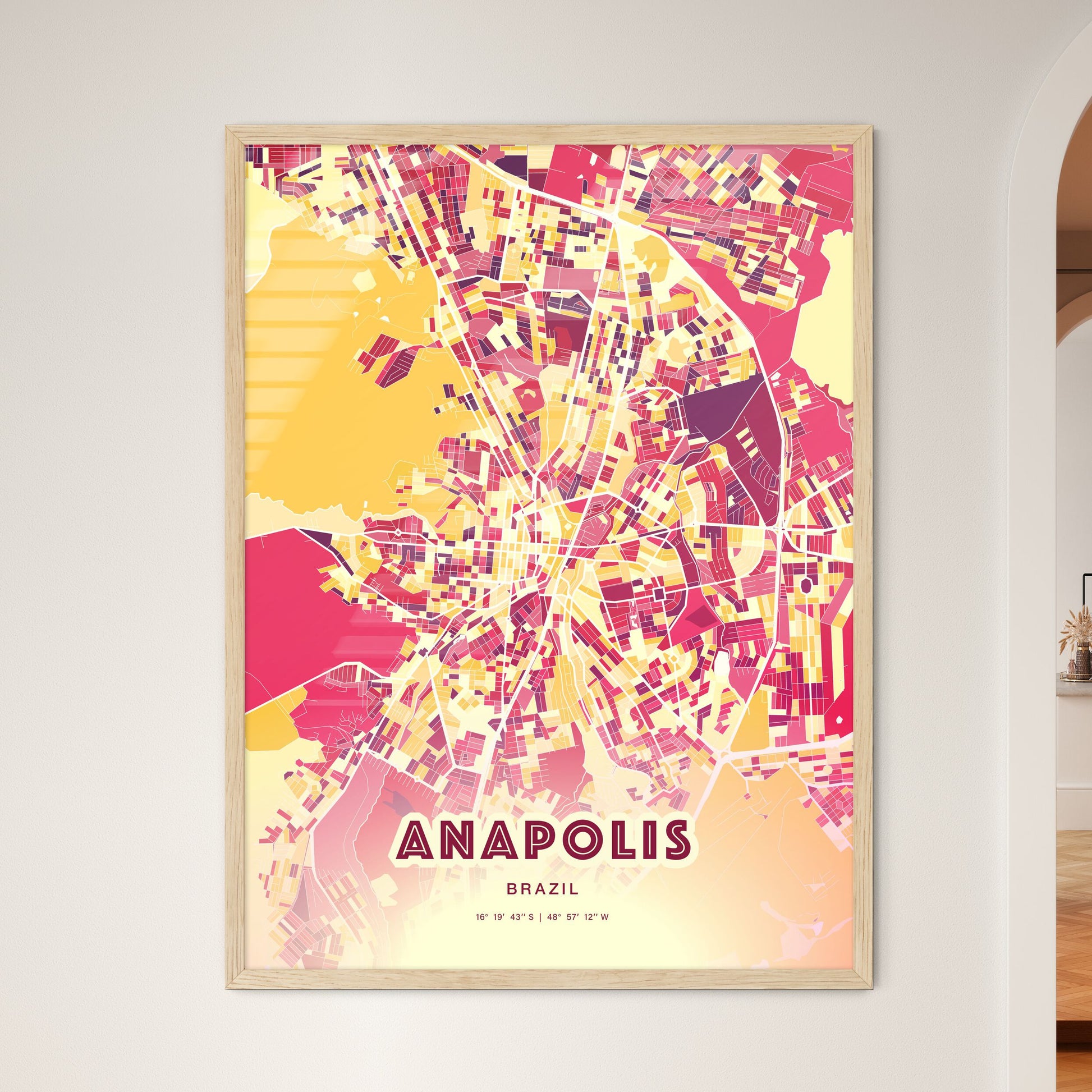 Colorful ANAPOLIS BRAZIL Fine Art Map Hot Red