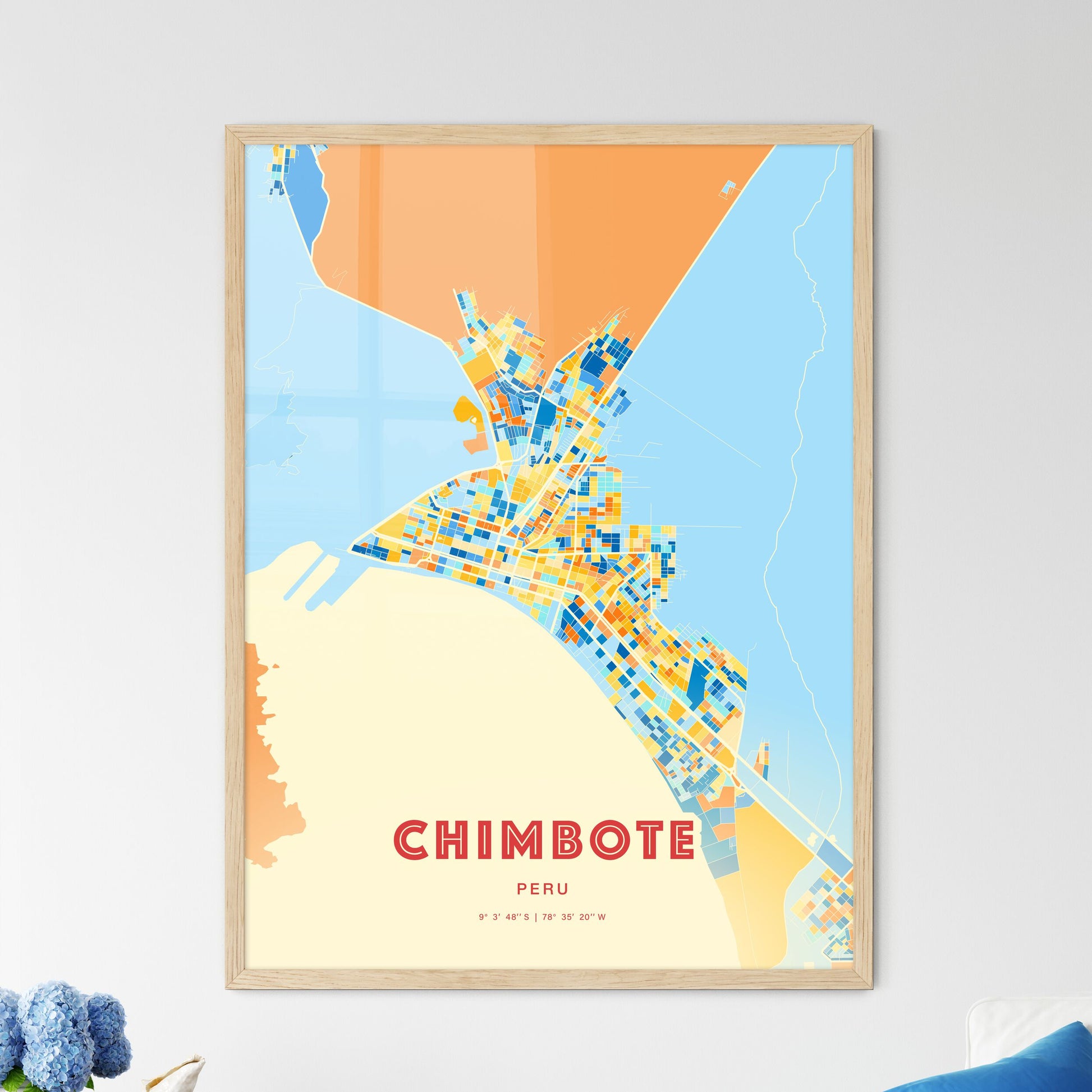 Colorful CHIMBOTE PERU Fine Art Map Blue Orange