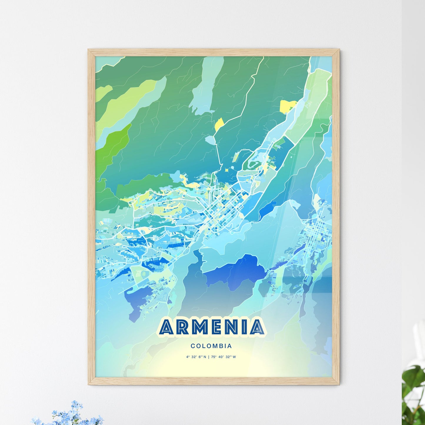 Colorful ARMENIA COLOMBIA Fine Art Map Cool Blue