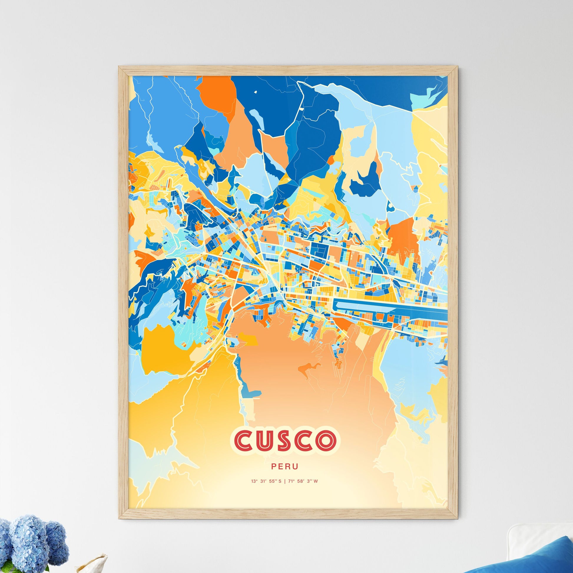 Colorful CUSCO PERU Fine Art Map Blue Orange